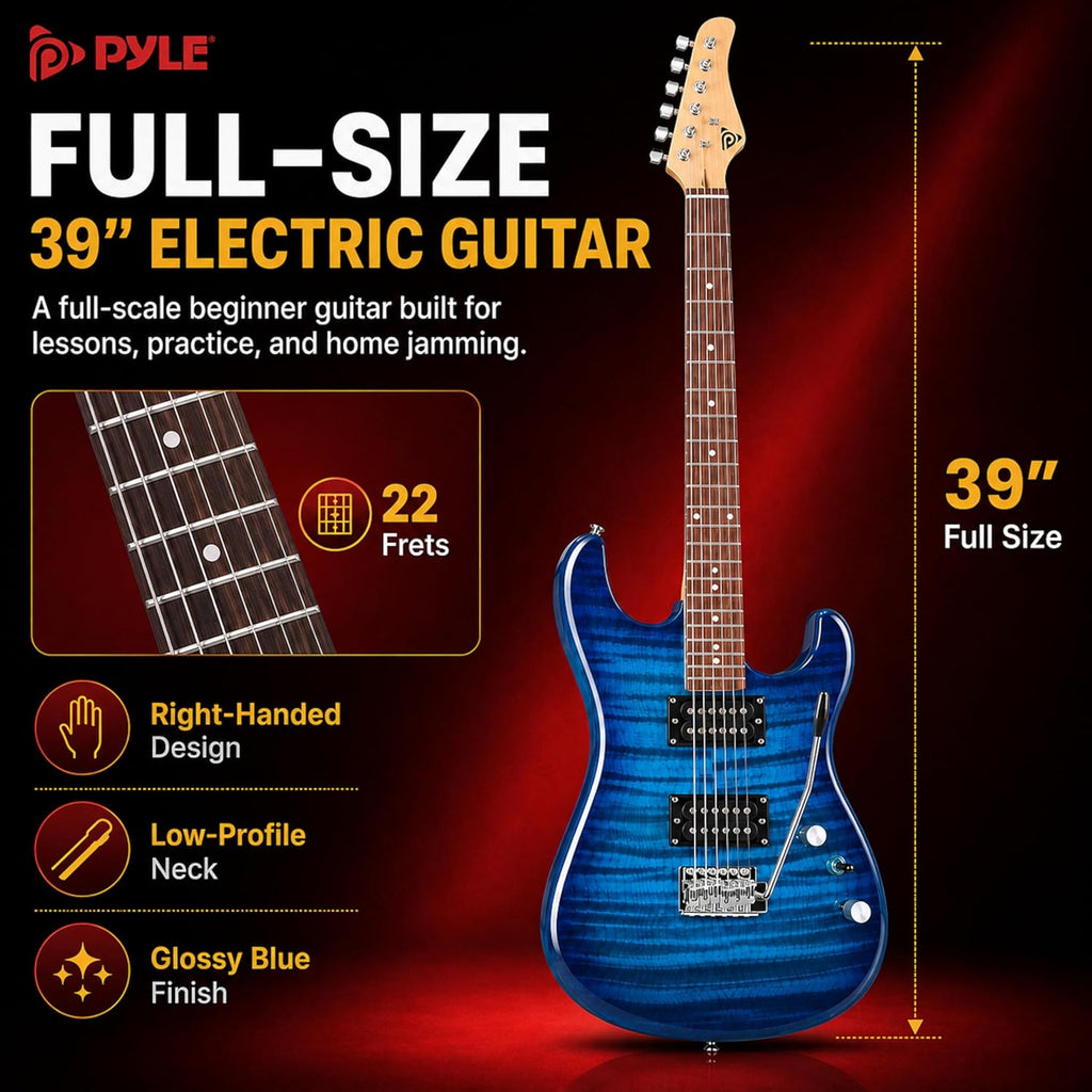 Pyle Electric Guitar Kit with Amp, Full Size Instrument with Humbucker Pickups, Guitarra Electrica Amplifier and Beginner Bundle Accessories, 39' Blue