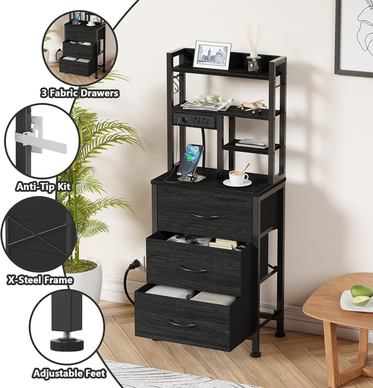 Furnulem Nightstands Set of 2, Tall Night Stand with Charger Station and USB Ports, 3 Fabric Drawers and Led Lights, Bed Side Table for Bedroom/Dorm/Office, Black Oak