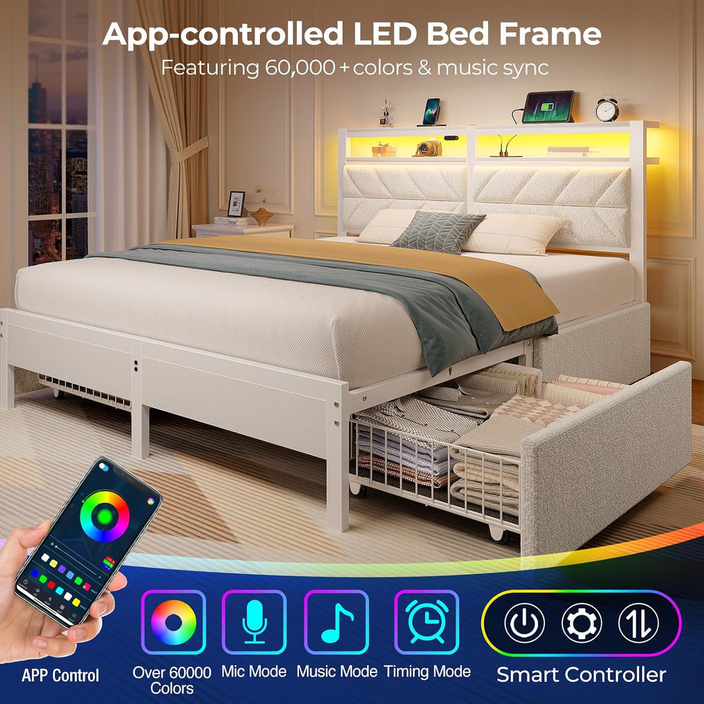 Seventable Queen Bed Frame with 4 Storage Drawers, Charging Station & LED Lights, Upholstered Headboard with 2-Tier Shelves, Metal Platform Bed, No Box Spring Needed, Noise-Free, White