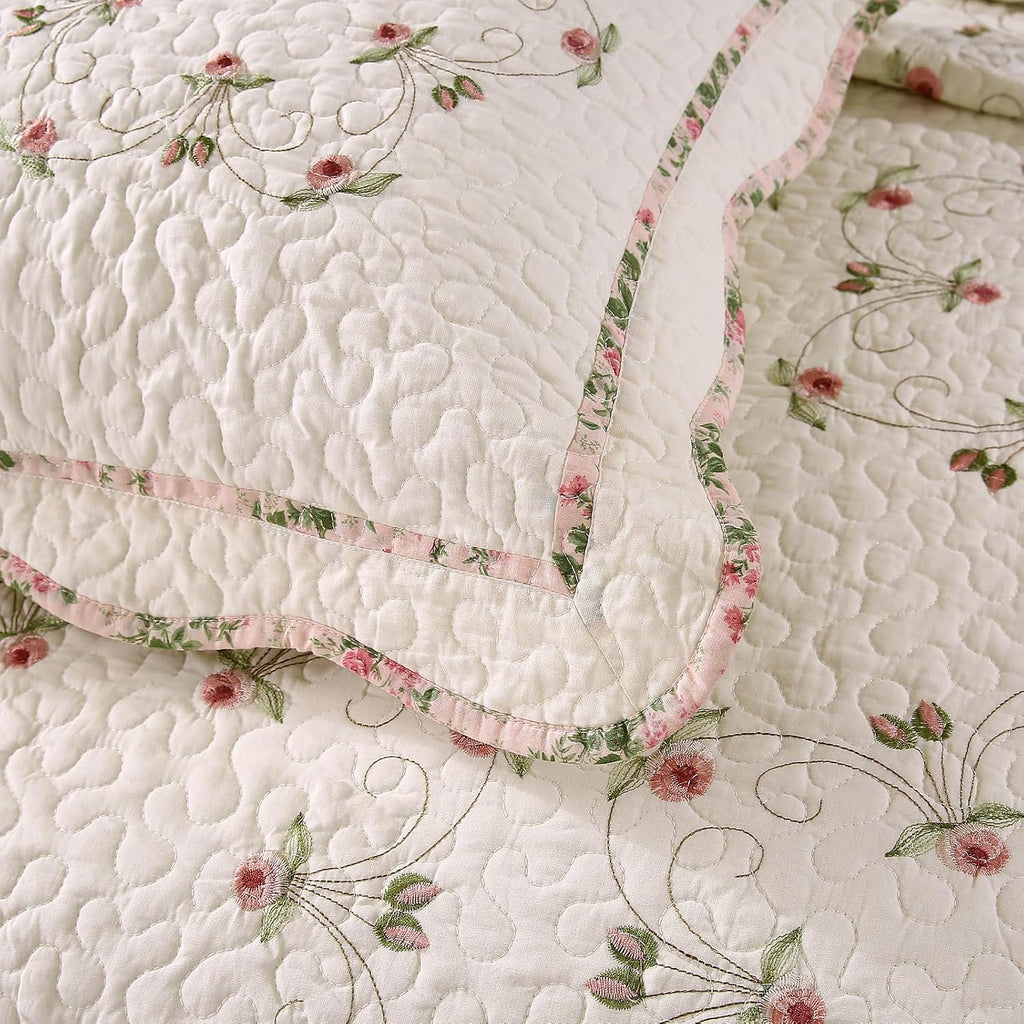 Quilt Set Floral Leaves 3D Embroidery Pattern 3 PCS Cotton Reversible Quilted Embroidered Decorative Bedspreads Coverlet Set, Lightweight &Soft Queen Size Beige Bedding Coverlet for All Season