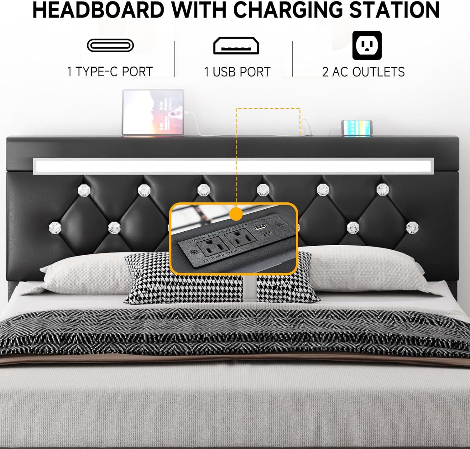 Queen Size Bed Frame, Storage Bed with 4 Drawers and Adjustable Headboard, Upholstered Platform Bed with Handy Charging Station and LED Light, Noise Free, Easy Assembly, No Box Spring Needed, Black