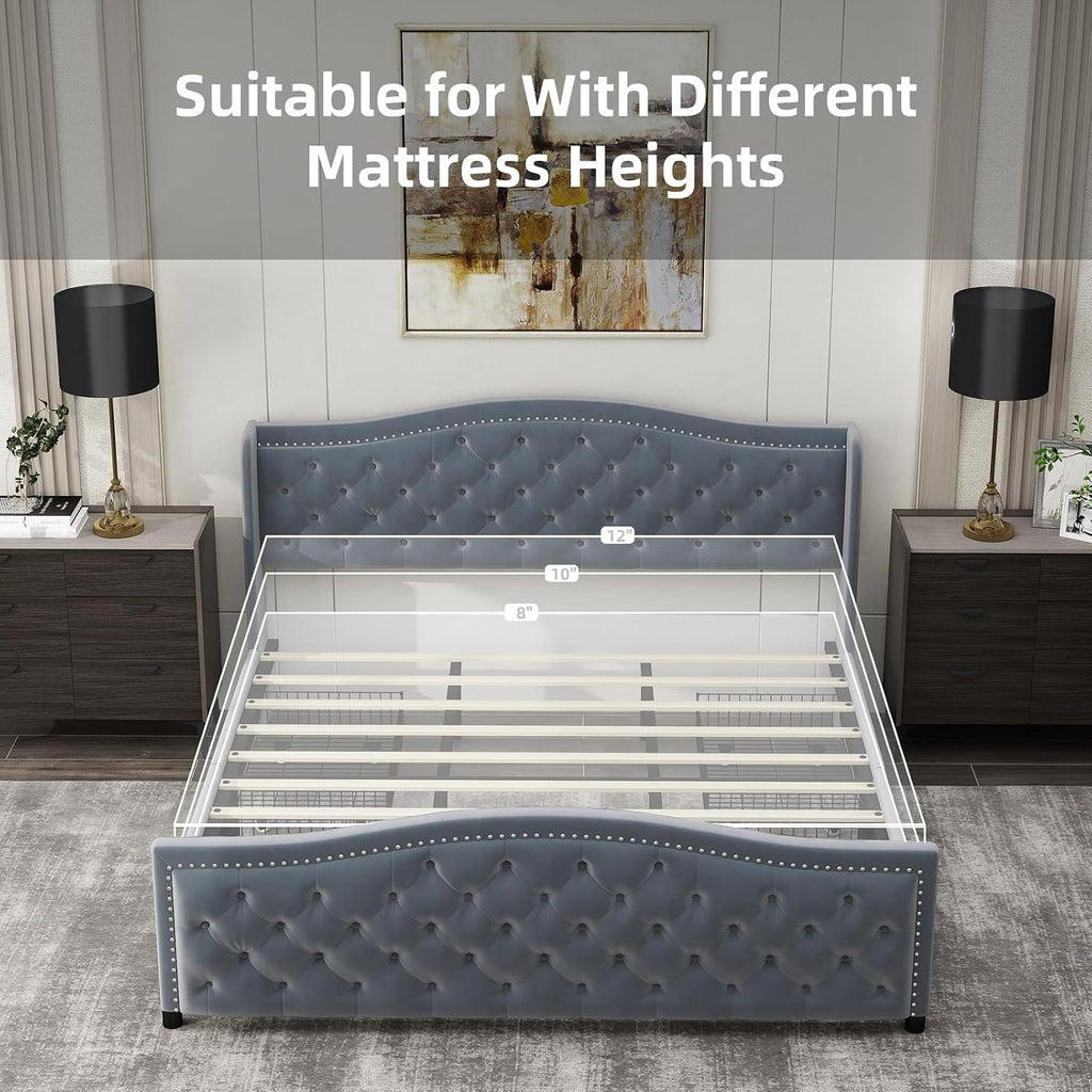 CANMOV King Size Upholstered Bed Frame with 4 Storage Drawers,Comfortable Fabric Platform Bed Frame with Wingback Headboard & Footboard,Wooden Slats Support,No Box Spring Needed,Dark Grey