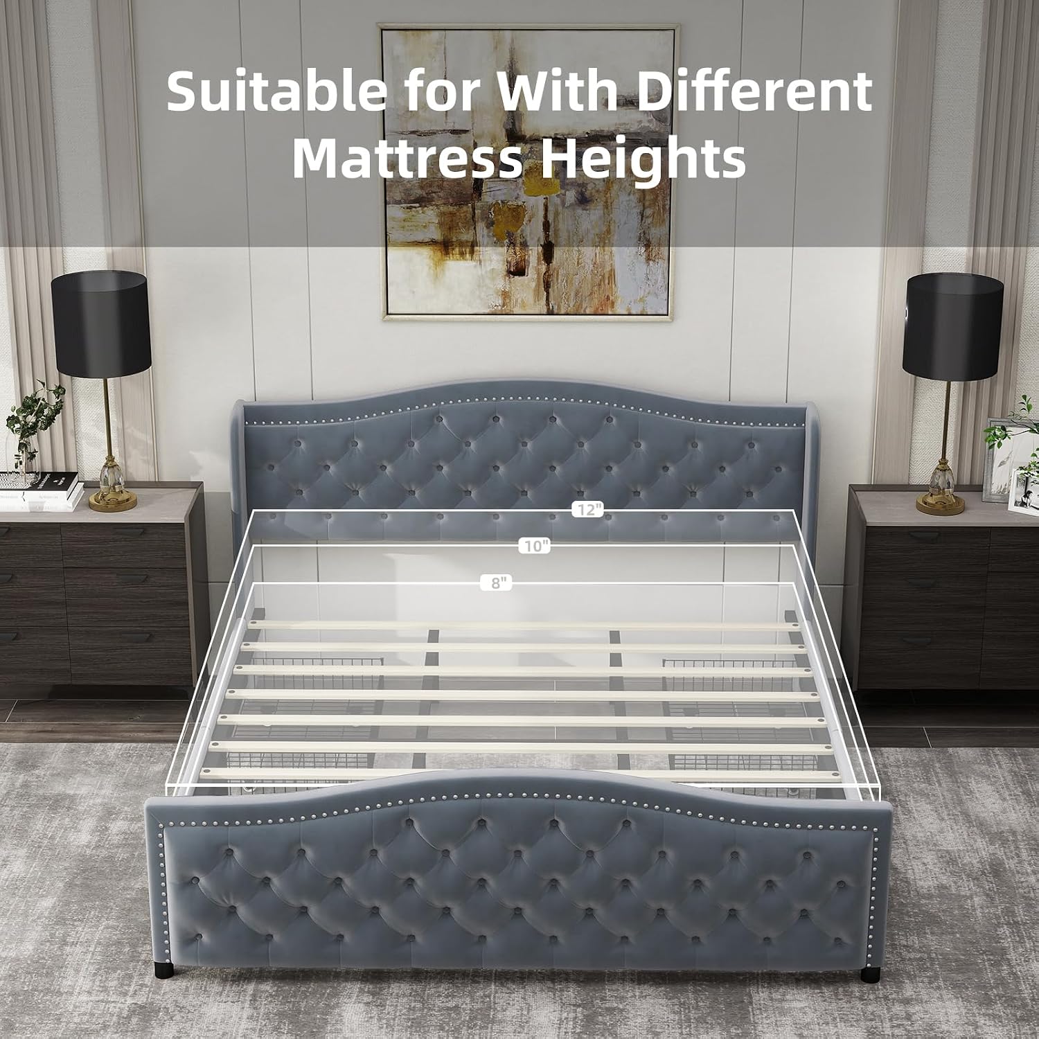 CANMOV King Size Upholstered Bed Frame with 4 Storage Drawers,Comfortable Fabric Platform Bed Frame with Wingback Headboard & Footboard,Wooden Slats Support,No Box Spring Needed,Dark Grey