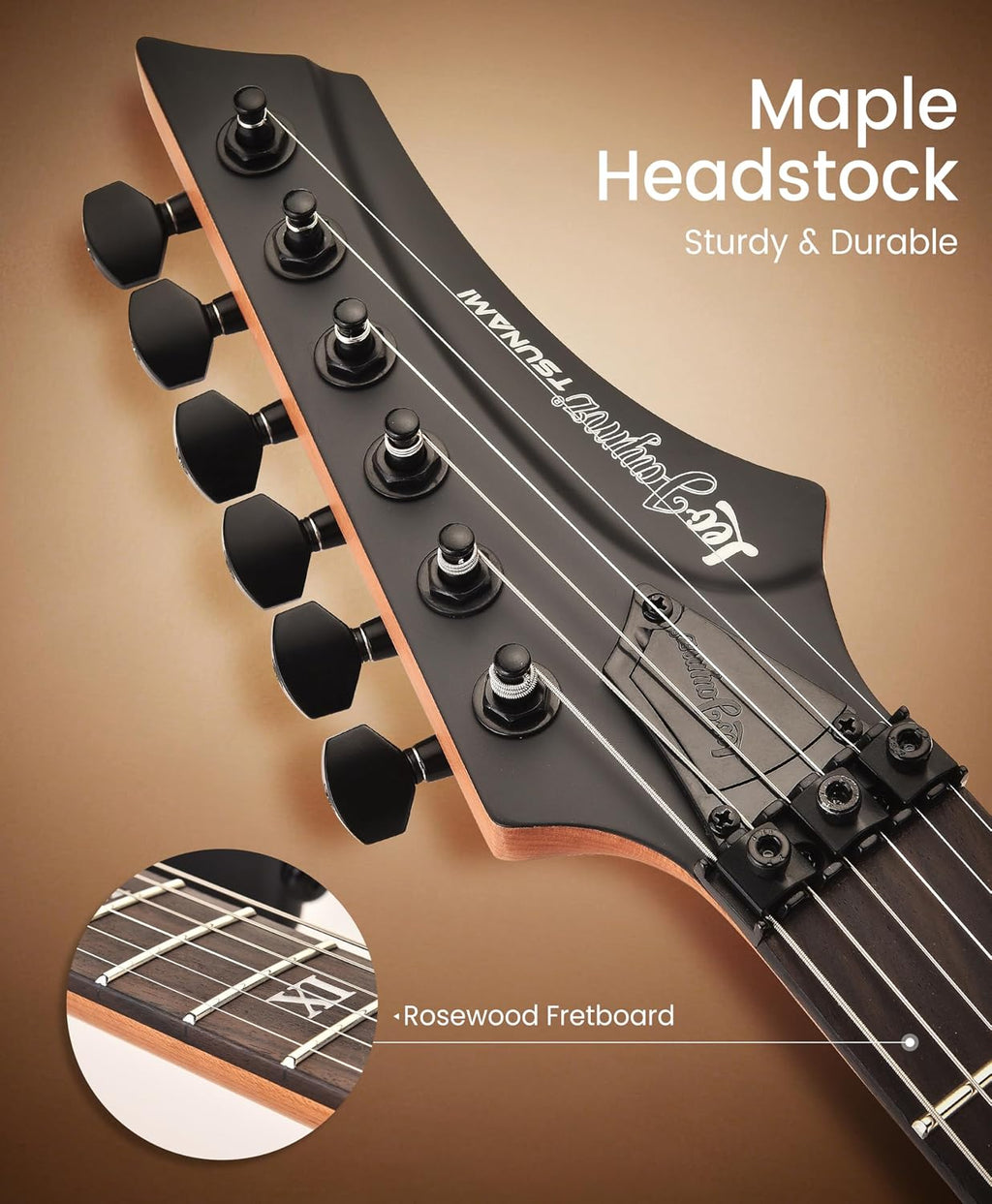Leo Jaymz Tsunami Electric Guitar Mahogany Body & Roasted Maple Neck, HH Pickups with Rail, Double-Locking Tremolo, 24 Frets (Matte Black)