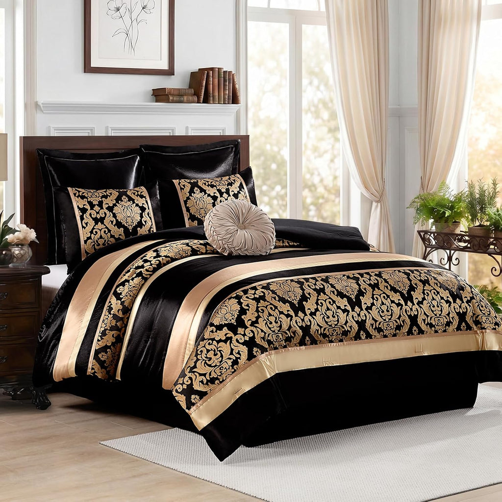 CozyDH Black Gold Floral Comforter Set California King - 7 Piece Luxury Jacquard Bed in a Bag Vintage Patchwork, All Season Down Alternative Bedding with Bed Skirt, Shams, Decorative Pillow, 104x96 in