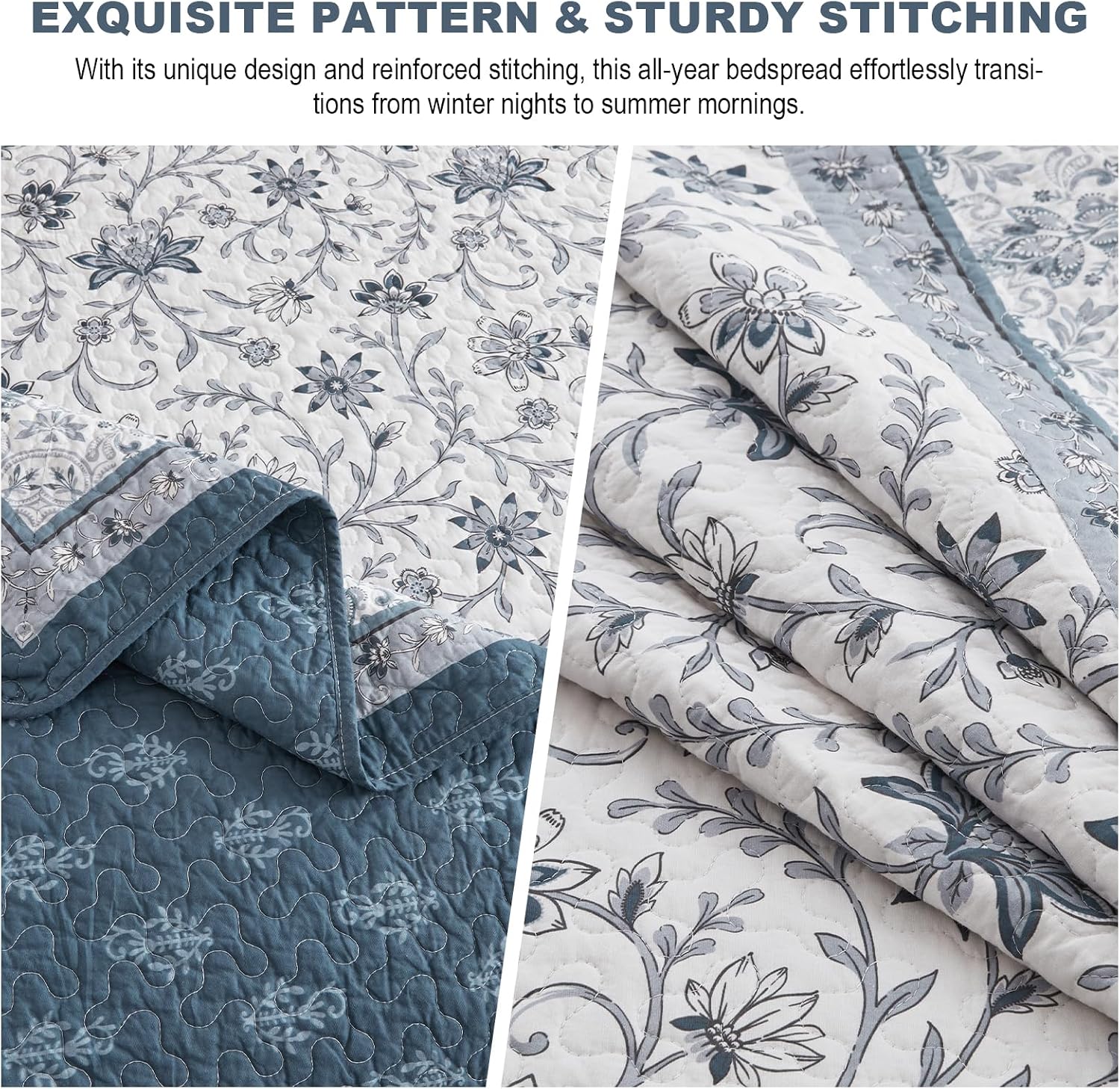 Oversized Queen Bedspreads 120'x102' - 100% Cotton Super King Quilt, Farmhouse Blue Floral Pattern, Extra Large Quilted Coverlet, Lightweight Reversible XL Bedding Set, 3 Pcs