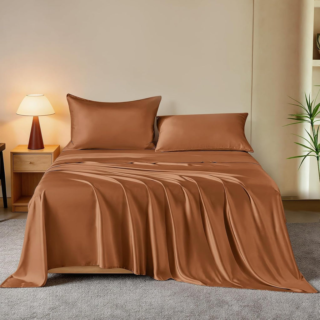 THXSILK Luxury Mulberry Silk Bed Sheets Set - 4pcs Silk Sheets Set 16' Deep Pocket - 1 Fitted Sheet, 1 Flat Sheet, 2 Pillowcases with Zipper Closure - Full, Brown