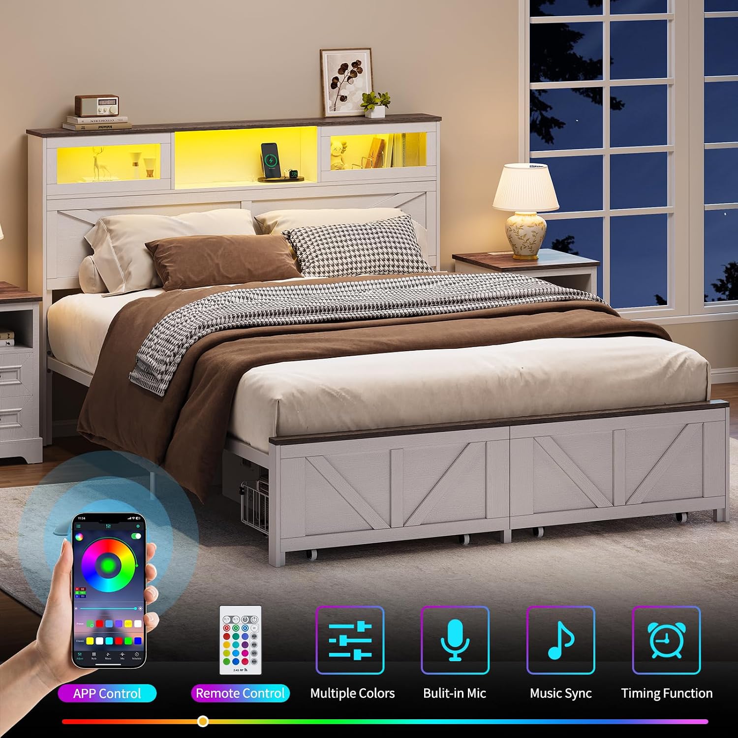 Yoobure Queen Bed Frame with Headboard, Bed Frame Queen Size with Charging Station, LED Beds with 2 Storage Drawers, Wood Farmhouse Bedframe Queen-Size, Noise-Free and No Box Spring Needed