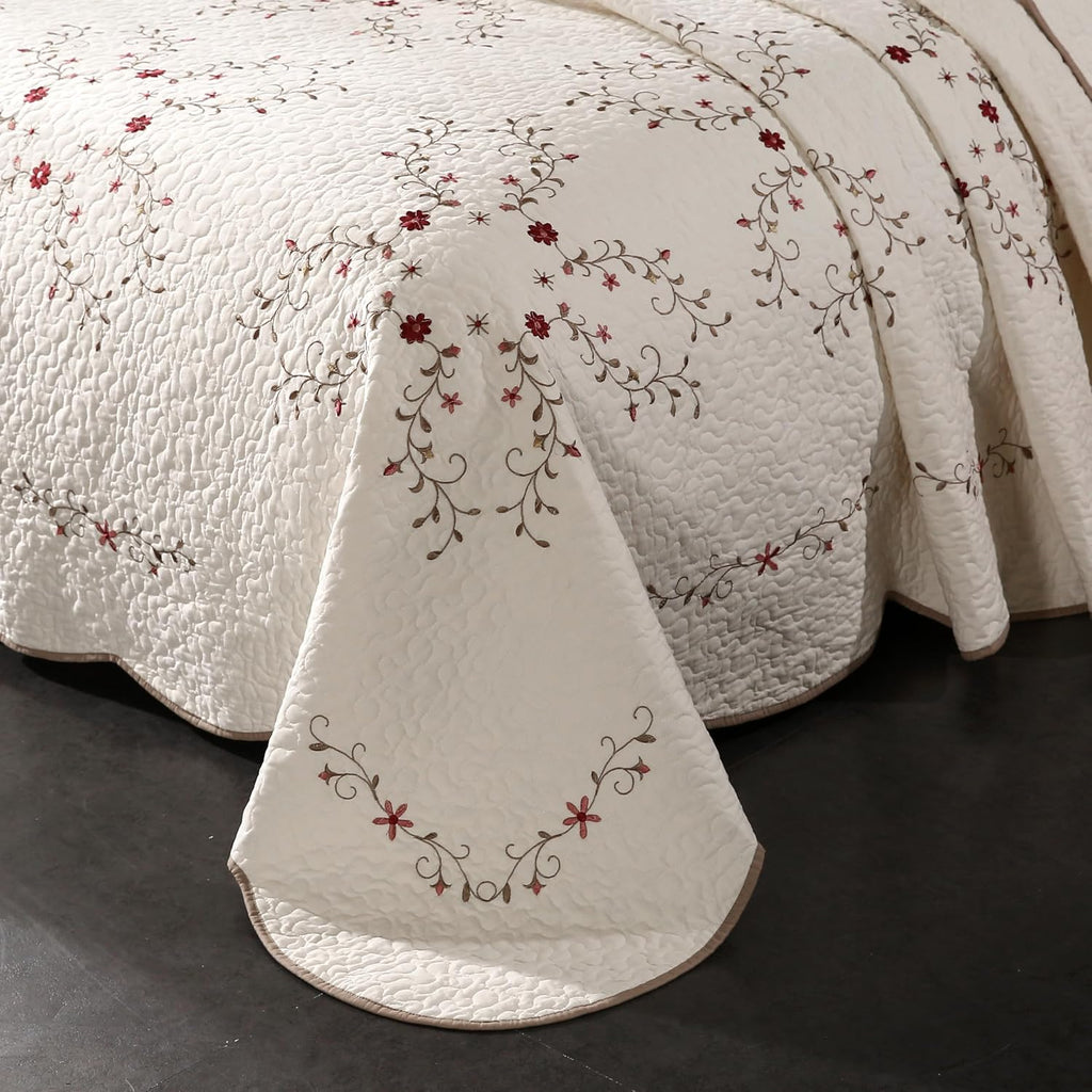 ROOMLIFE Quilt Set Floral Leaves 3D Embroidery Pattern 3 PCS Cotton Reversible Quilted Embroidered Decorative Bedspreads Coverlet Set, Lightweight &Soft Queen Size Bedding Coverlet for All Season