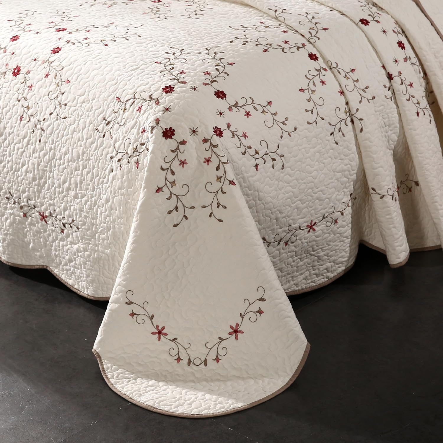 ROOMLIFE Quilt Set Floral Leaves 3D Embroidery Pattern 3 PCS Cotton Reversible Quilted Embroidered Decorative Bedspreads Coverlet Set, Lightweight &Soft Queen Size Bedding Coverlet for All Season