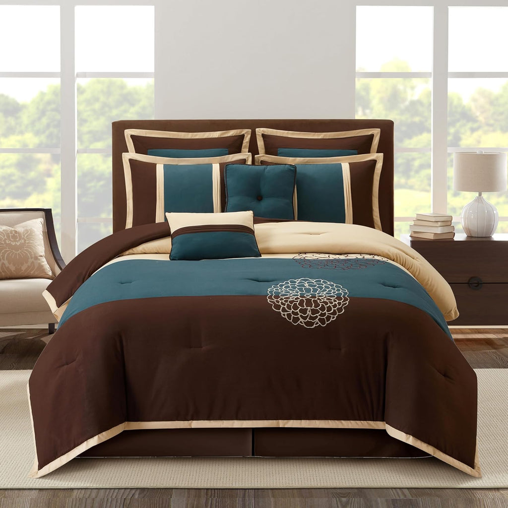 Grand Avenue Brown/Blue Cal King Comforter Set, 8 Piece, Ultra Soft, Premium Microfiber, Bedskirt, Pillows & Shams, Home Decor