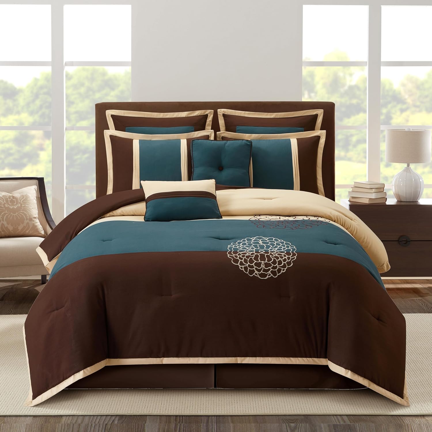 Grand Avenue Brown/Blue Cal King Comforter Set, 8 Piece, Ultra Soft, Premium Microfiber, Bedskirt, Pillows & Shams, Home Decor