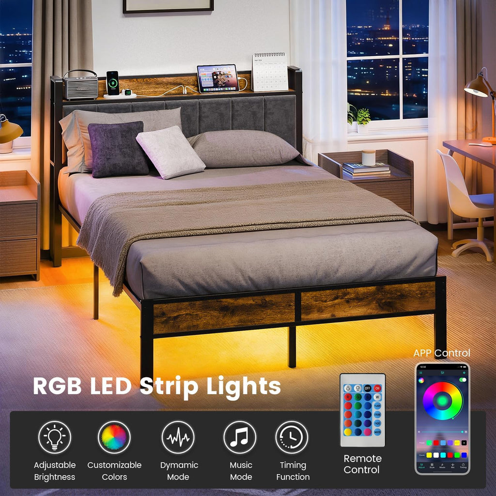 PROTEA Full Size Bed Frame with LED Lights and Built-in Charging Station, Upholstered Headboard with Storage Shelf, Sturdy Metal Platform, Noise Free, No Box Spring Needed