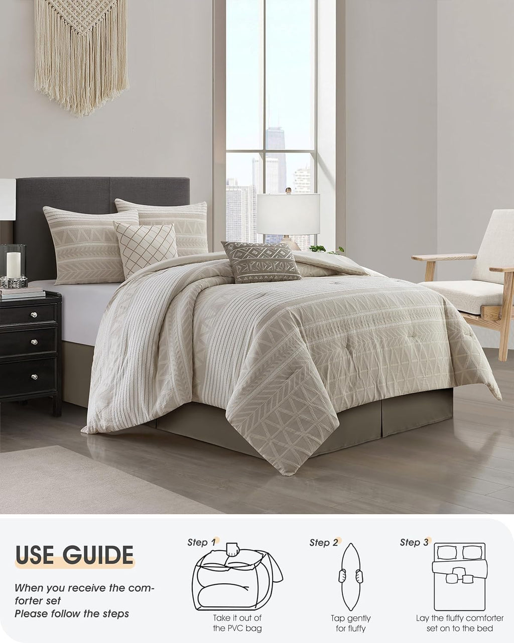 LANCO MODERN LIFESTYLE Cotton Comforter Set King, Gorgeous Geometric Jacquard, Beige Soft Lightweight Bedding Set for All Seasons, Bedskirt, Pillow Shams and Decor Pillows