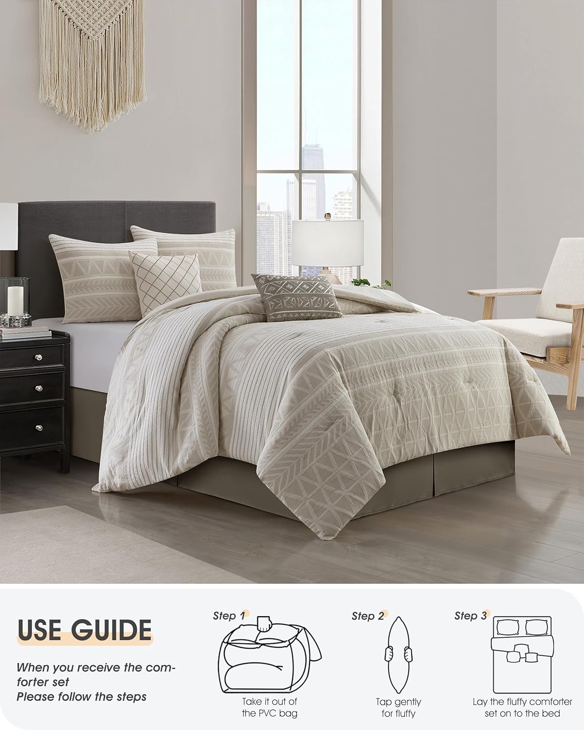 LANCO MODERN LIFESTYLE Cotton Comforter Set King, Gorgeous Geometric Jacquard, Beige Soft Lightweight Bedding Set for All Seasons, Bedskirt, Pillow Shams and Decor Pillows