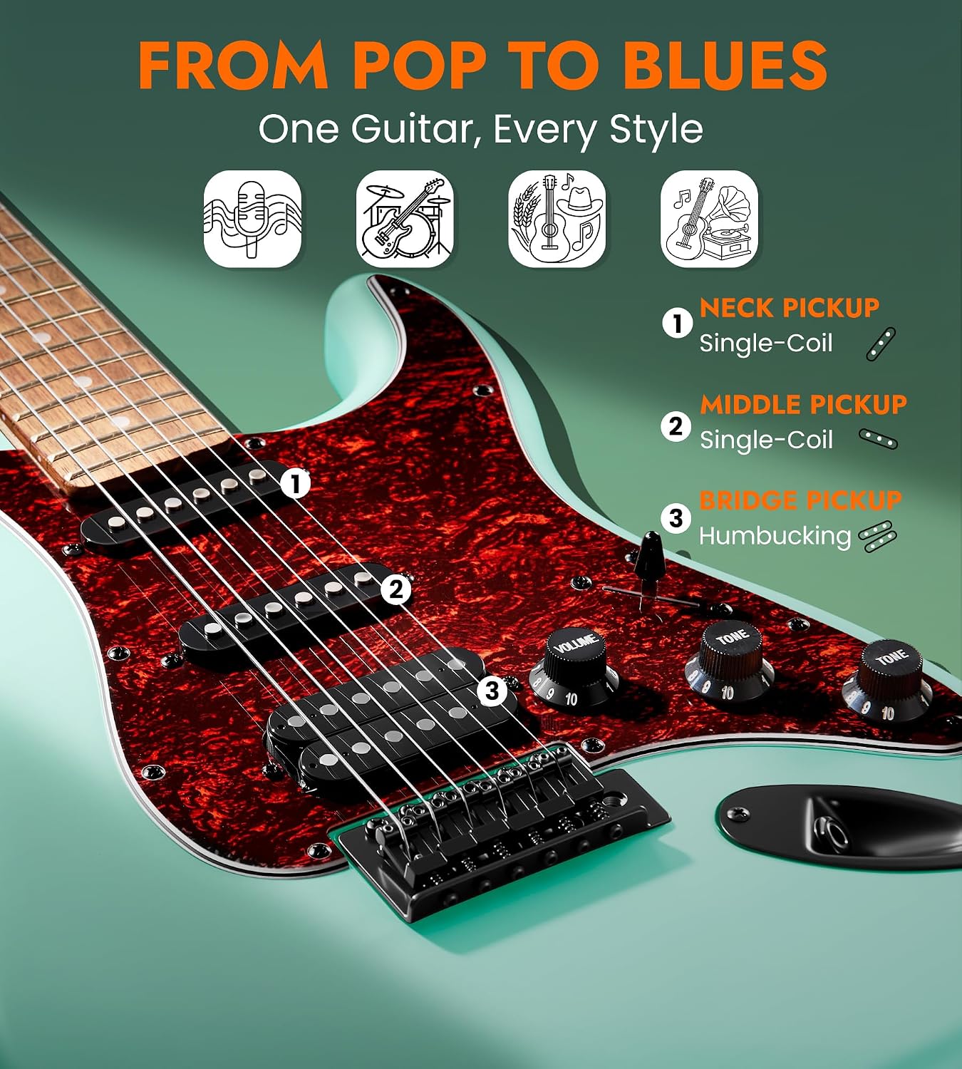 Tostar Electric Guitar Full Size Kit for Beginners 6 String Bundle with Amp SSH Pickup with Gig Bag,Capo,Tremolo, Strap, Picks Green Electric Guitars 39' for Gifts