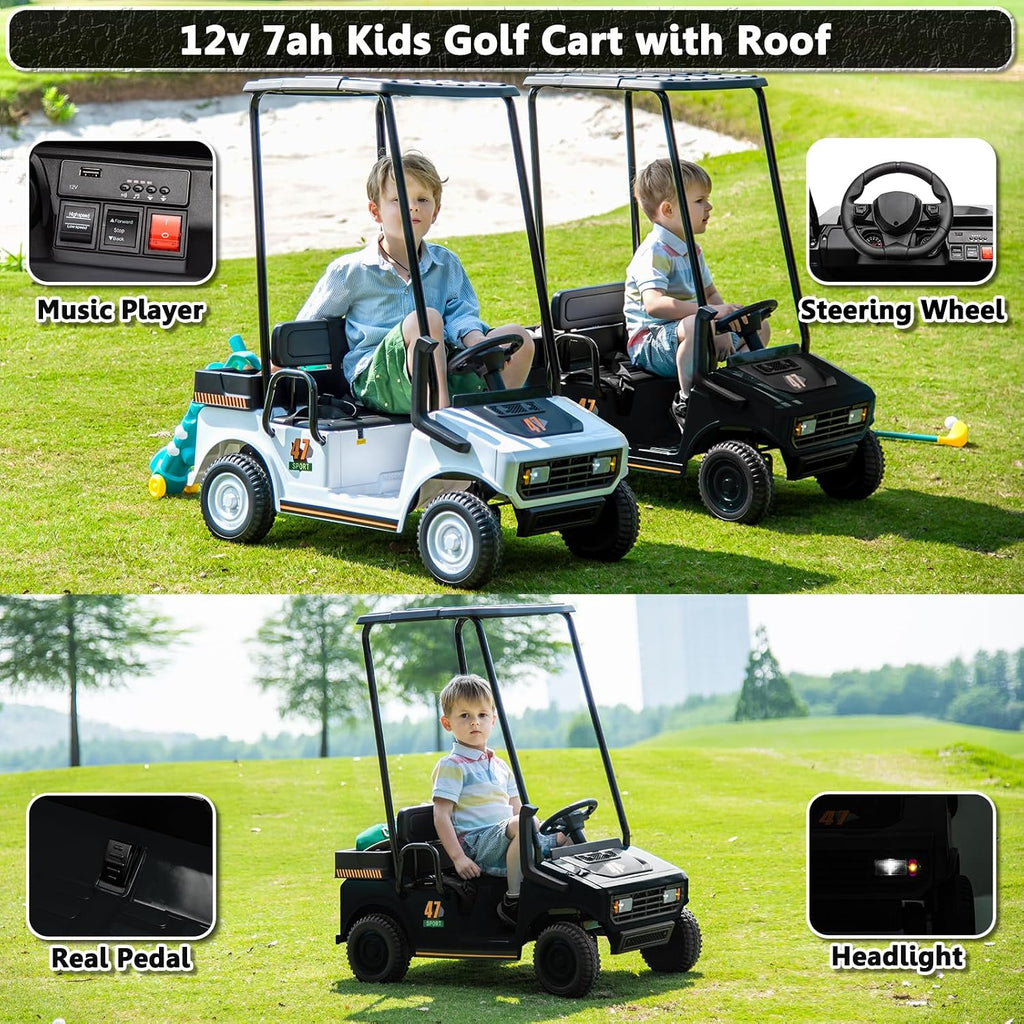 12V 7AH Golf Cart for Kids Boys Girls, Battery Powered Ride on Toys with Parent Remote Control, 2 Seater Ride on Golf Cart with Plastic Roof, Real Pedal, Music Player, Horn (Black)