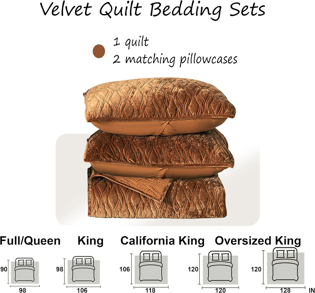 California King Size Bedding Set 106x118 Beauty Solid 3PS Velvet Quilted Comforter Set Texture Soft Bedspread Coverlet Modern Home Style All Season Use,Caramel