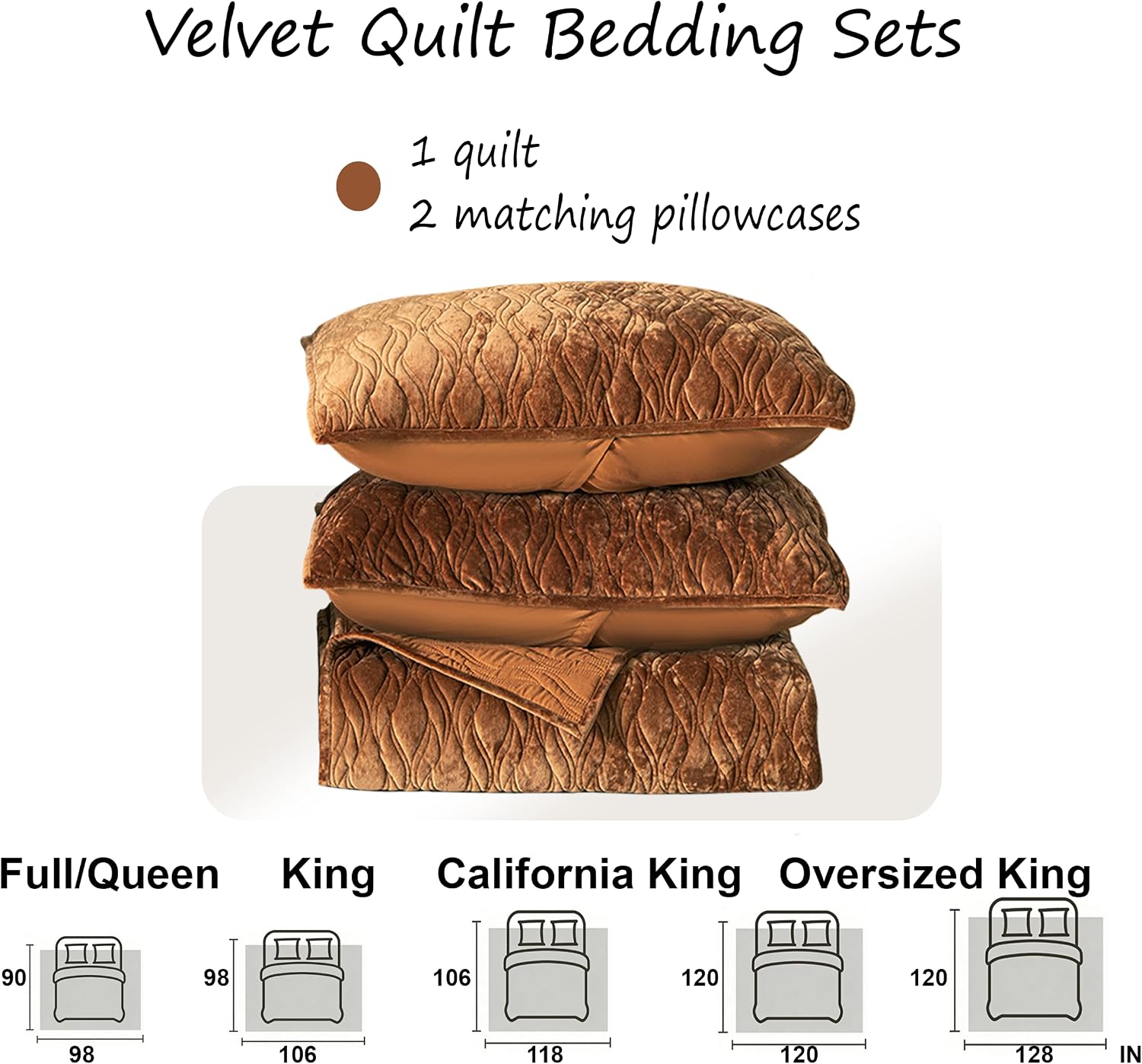 California King Size Bedding Set 106x118 Beauty Solid 3PS Velvet Quilted Comforter Set Texture Soft Bedspread Coverlet Modern Home Style All Season Use,Caramel
