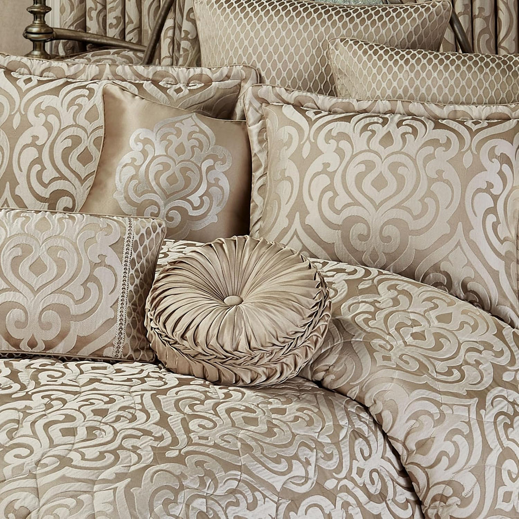 Davenport Luxury Bedding | Neutral Jacquard-Woven Puffed Scrollwork | 10 Pc Set includes King Bedspread, 2 King Shams, 2 European Shams, 2 European Pillow Inserts, and 3 Decorative Reversible Pillows
