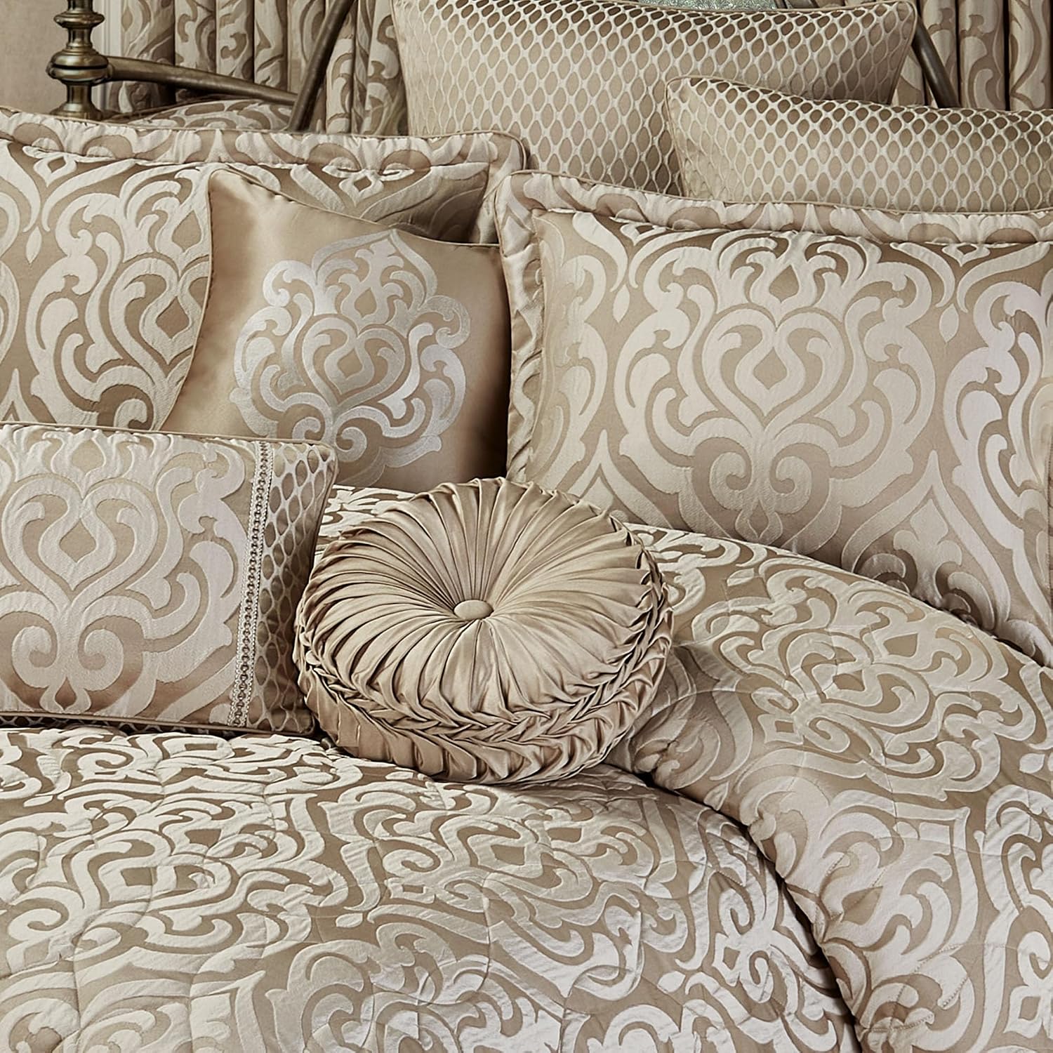 Davenport Luxury Bedding | Neutral Jacquard-Woven Puffed Scrollwork | 10 Pc Set includes King Bedspread, 2 King Shams, 2 European Shams, 2 European Pillow Inserts, and 3 Decorative Reversible Pillows