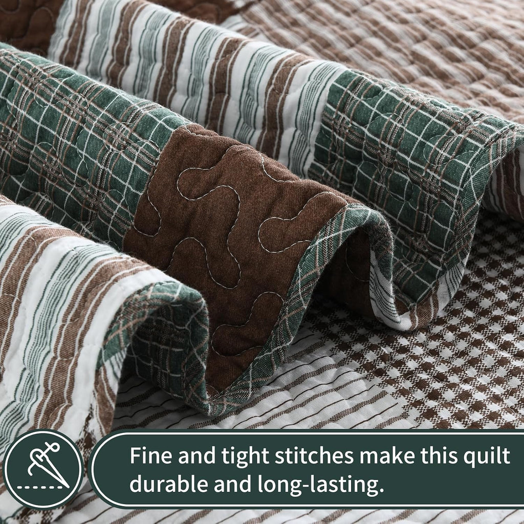 KALOOLA Plaid King Size Quilt Set, 100% Cotton Lightweight Quilted Bedspread with 2 Pillowshams for King Bed, Farmhouse Printed Bedding Set Coverlet for All Season, 3Pcs, Brown/Green