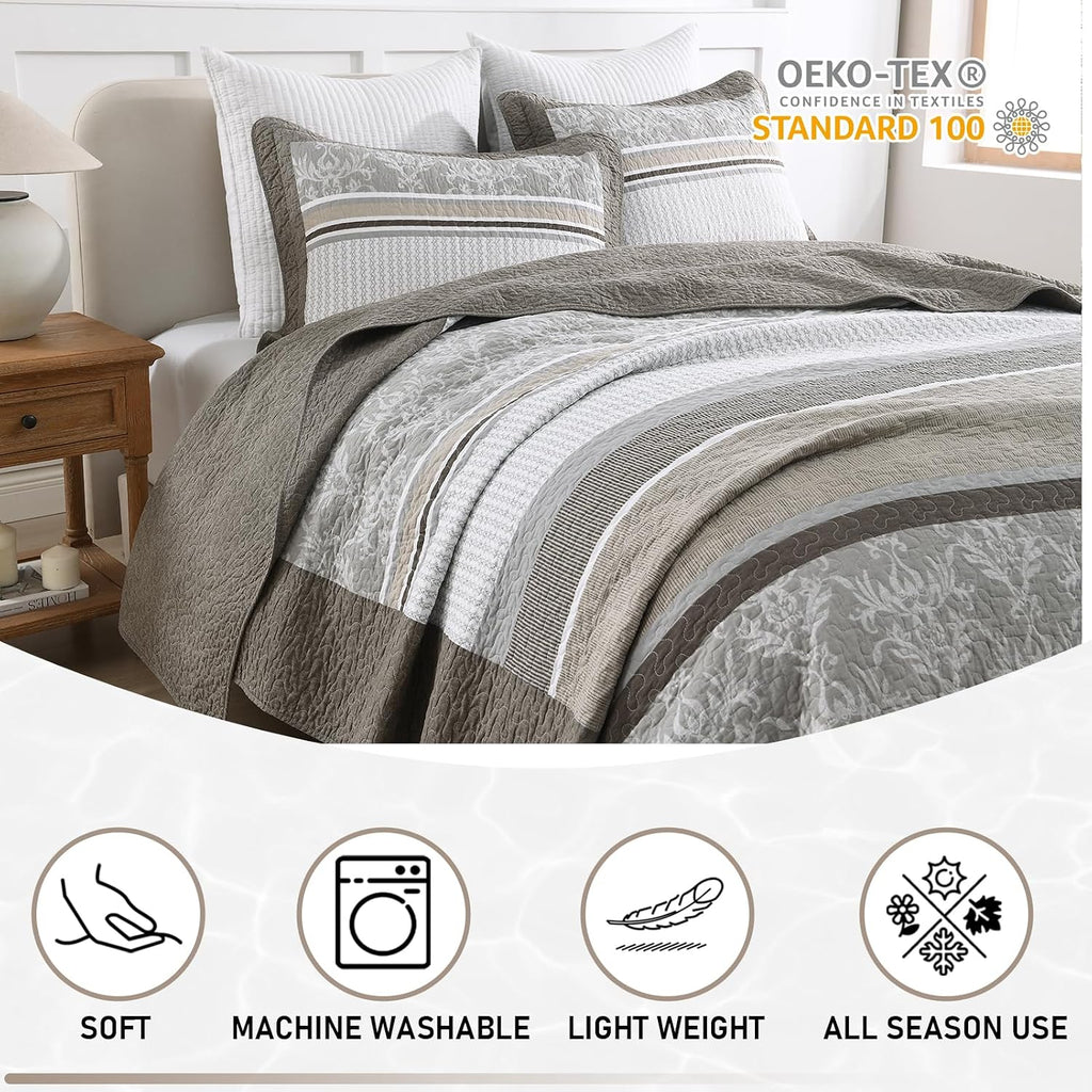 KALOOLA 100% Cotton Quilts Queen Size - Lightweight Quilted Bedding Set 3 Pcs, Farmhouse Printed Striped Bedspread with 2 Pillow Shams, Modern Bed Coverlet for All Season, Dark Brown/Charcoal/Beige