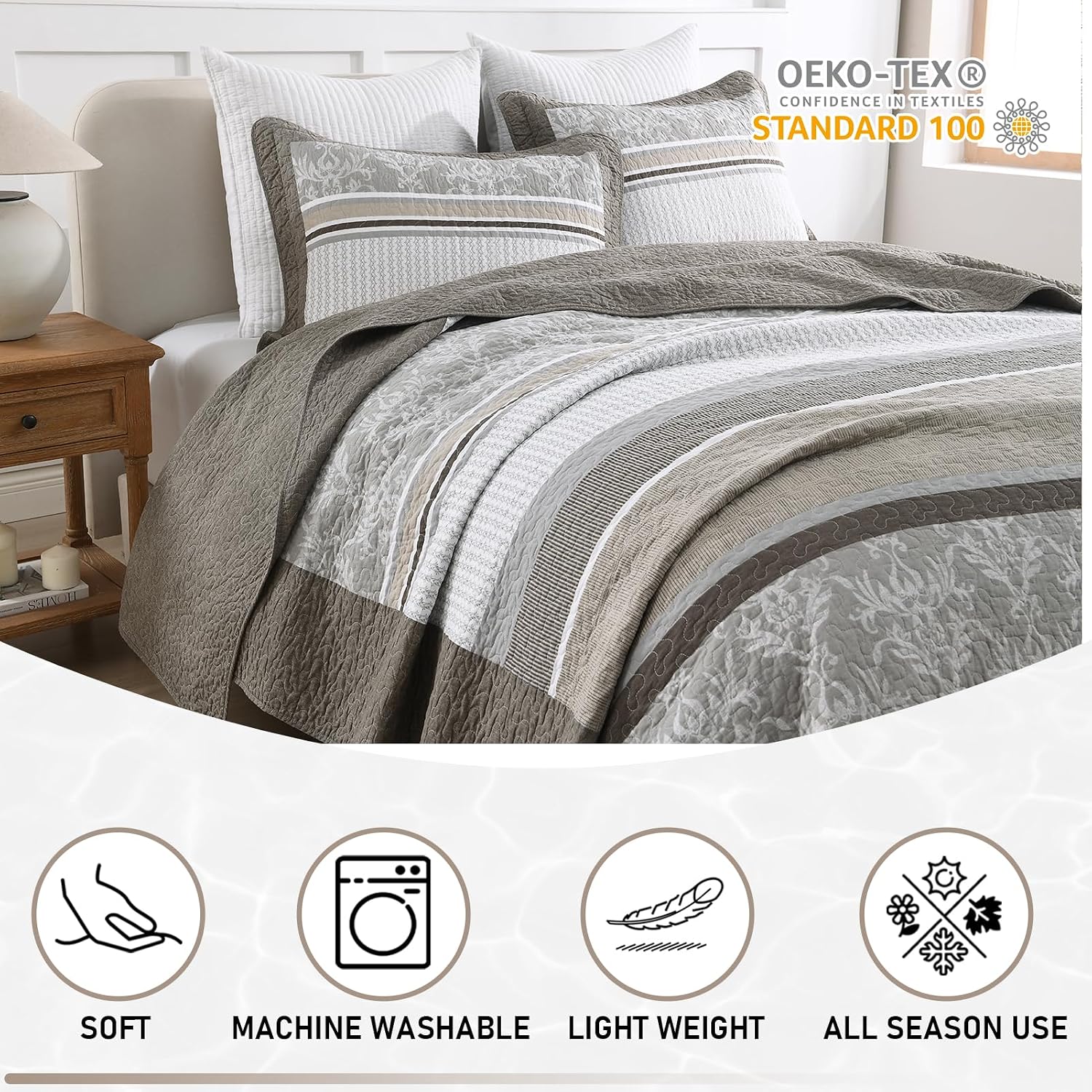 KALOOLA 100% Cotton Quilts Queen Size - Lightweight Quilted Bedding Set 3 Pcs, Farmhouse Printed Striped Bedspread with 2 Pillow Shams, Modern Bed Coverlet for All Season, Dark Brown/Charcoal/Beige