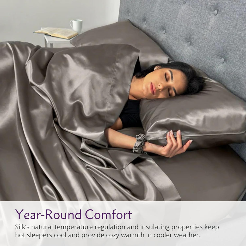 Mulberry Park Silks - 22 Momme 100% Mulberry Silk Sheets - Queen Size Bed Set - 16' Pocket - Luxurious Bed Sheets & Pillowcases, Skin-Friendly & Breathable - Charmeuse Silk for Hair Care - Gunmetal