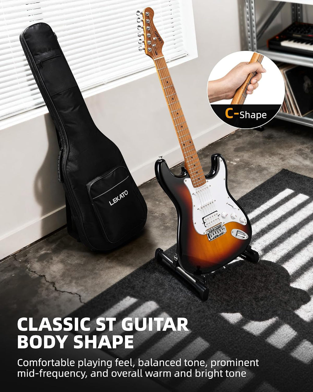 LEKATO Electric Guitar Kit Beginner 39 Inch Full Size Solid Body Guitar HSS for Starter Roasted Maple Neck Fretboard Stainless Steel Frets, 5W Mini Amp, Bag, Tuner, Capo, Strap, String, Picks-Sunburst