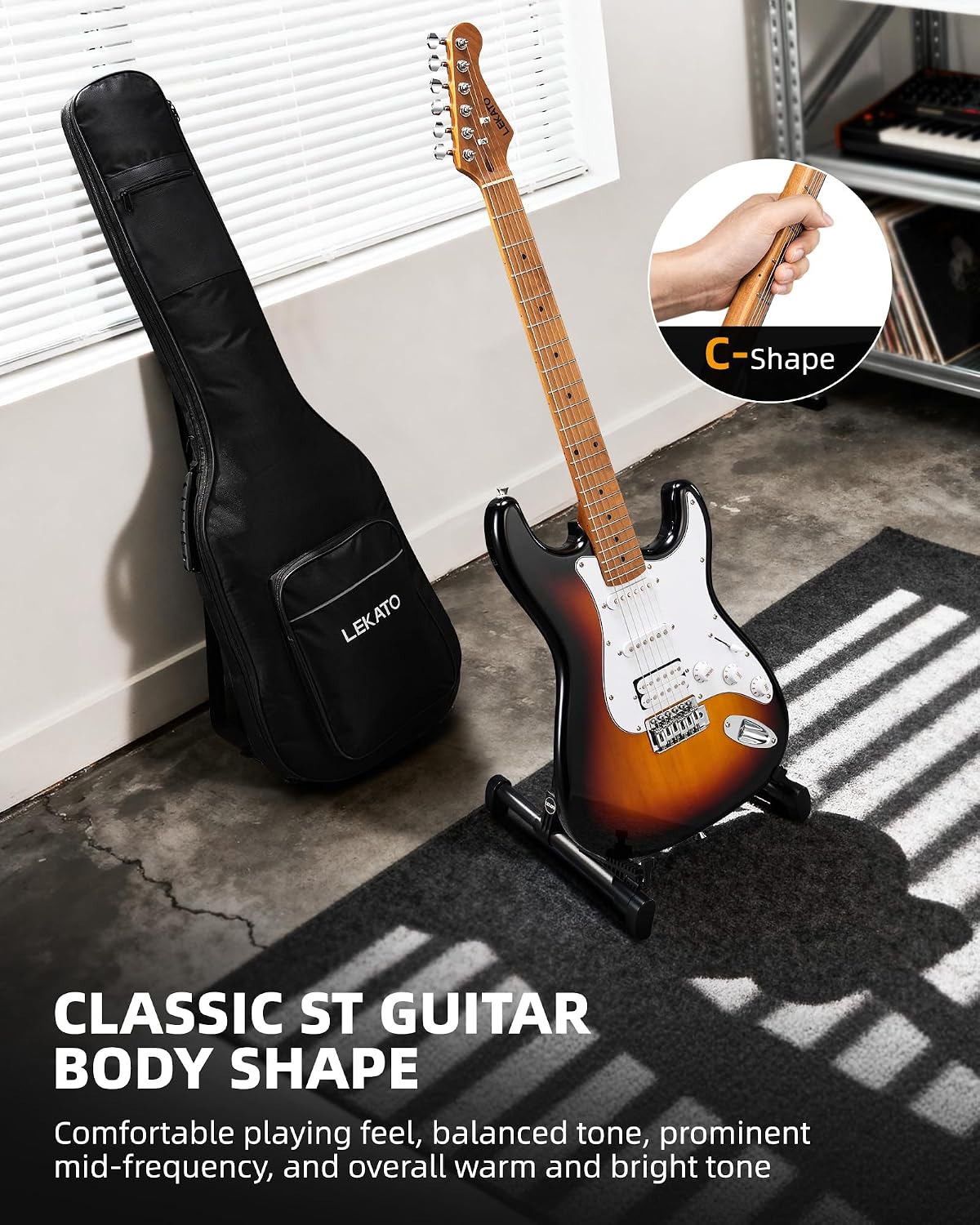 LEKATO Electric Guitar Kit Beginner 39 Inch Full Size Solid Body Guitar HSS for Starter Roasted Maple Neck Fretboard Stainless Steel Frets, 5W Mini Amp, Bag, Tuner, Capo, Strap, String, Picks-Sunburst