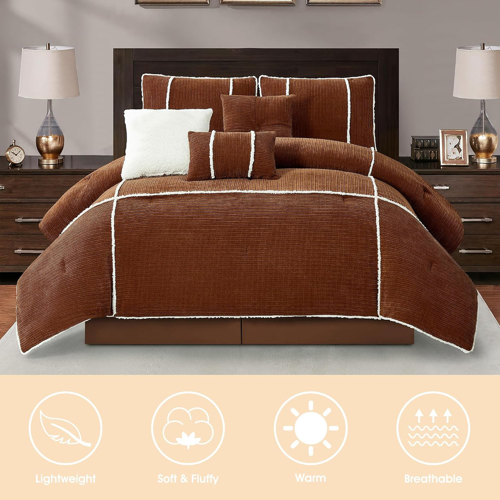 LANCO MODERN LIFESTYLE 7 Piece Comforter Set King, Rust, Bed in a Bag, Corduroy Textured Bedding Set with Comforter, Bed Skirt, Pillow Shams and Decor Pillows, Luxury Modern Home Decor