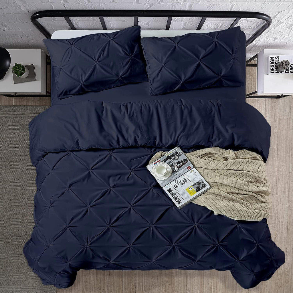 Luxuriate Hotel 1000-TC Hypoallergenic Ultra Soft 100% Egyptian Cotton 98x120' inch Over Size Super King Navy Blue Solid Pinch Plated Duvet Cover With Zipper Colser & 2pcs Pillow Case Set