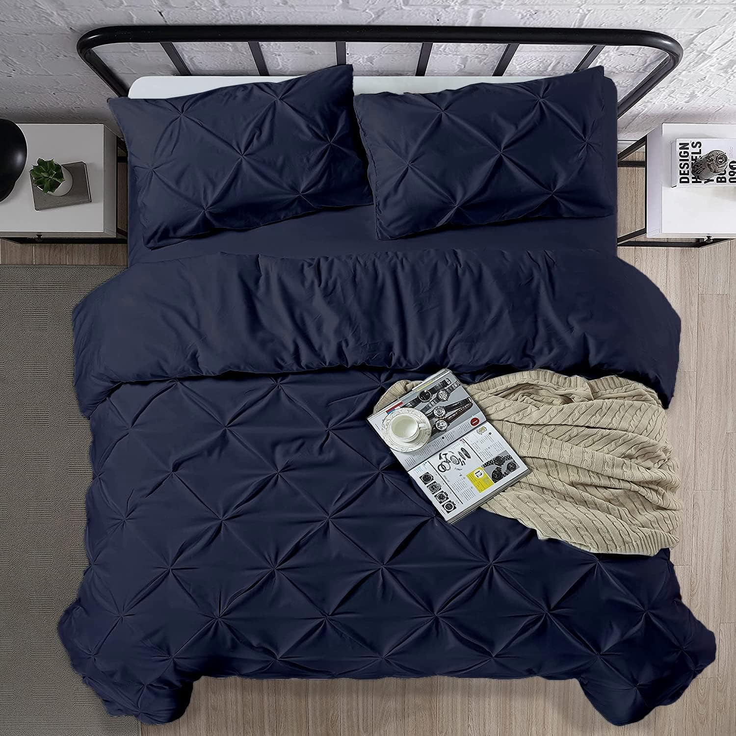 Luxuriate Hotel 1000-TC Hypoallergenic Ultra Soft 100% Egyptian Cotton 98x120' inch Over Size Super King Navy Blue Solid Pinch Plated Duvet Cover With Zipper Colser & 2pcs Pillow Case Set