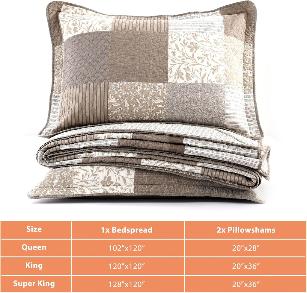Plaid Bedspread 128'x120' Oversized California King Bedspread, 100% Cotton XL Oversized King Quilt, Lightweight Farmhouse Quilted Bedspreads Coverlet Set, Gray/Beige/Brown, 3 Pcs