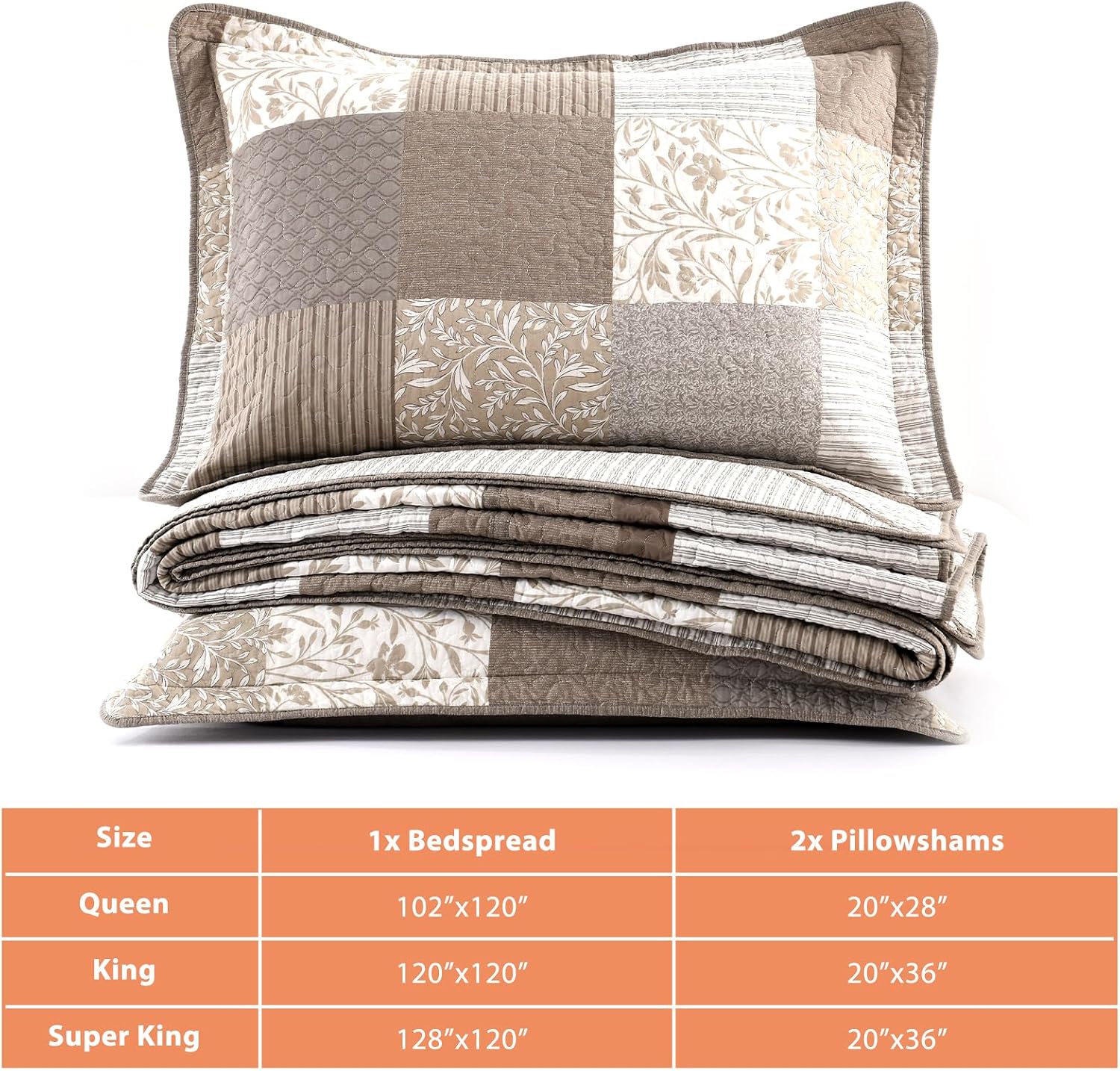 Plaid Bedspread 128'x120' Oversized California King Bedspread, 100% Cotton XL Oversized King Quilt, Lightweight Farmhouse Quilted Bedspreads Coverlet Set, Gray/Beige/Brown, 3 Pcs