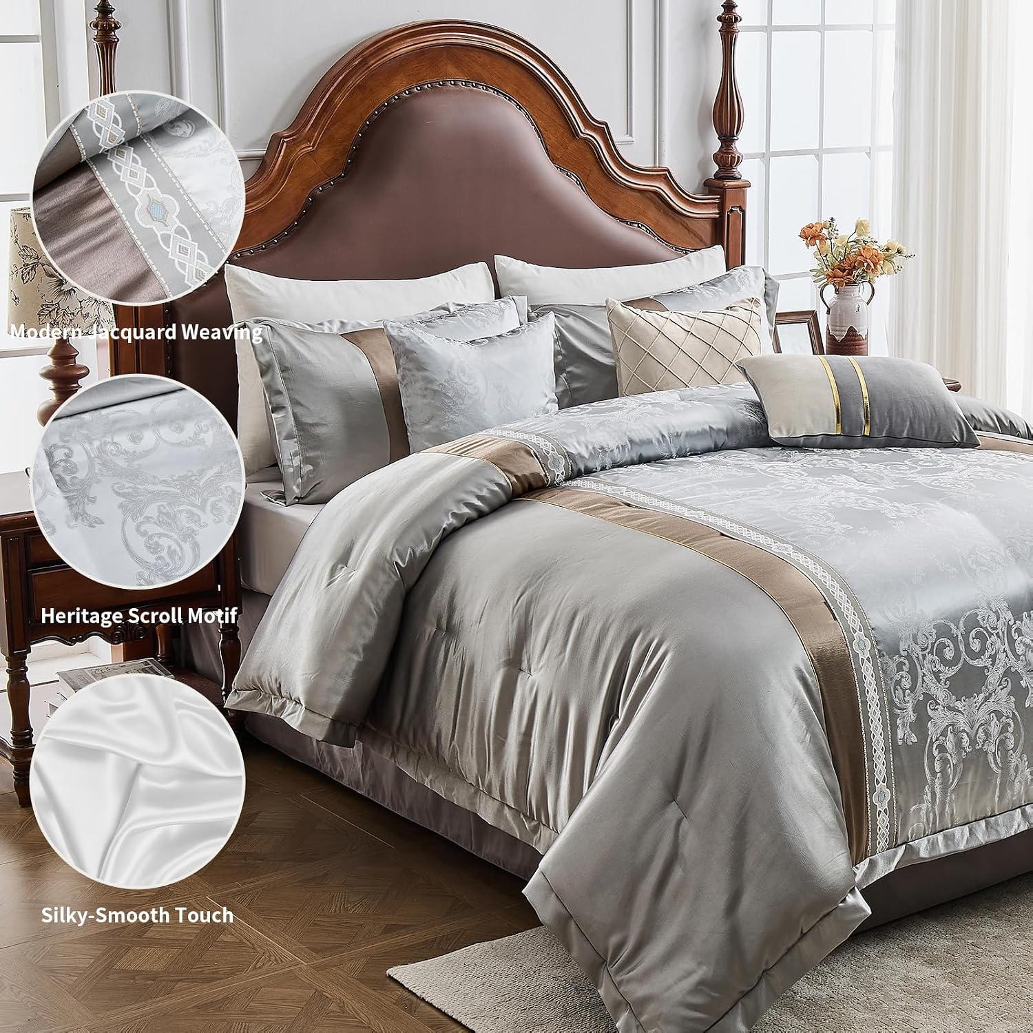 7-Piece Queen Comforter Set Bed in a Bag, Elegant Silver Gray Botanical Jacquard Design, Reversible All-Season Luxury Bedding, Soft Faux Silk Fluffy Comforter 90'x90'
