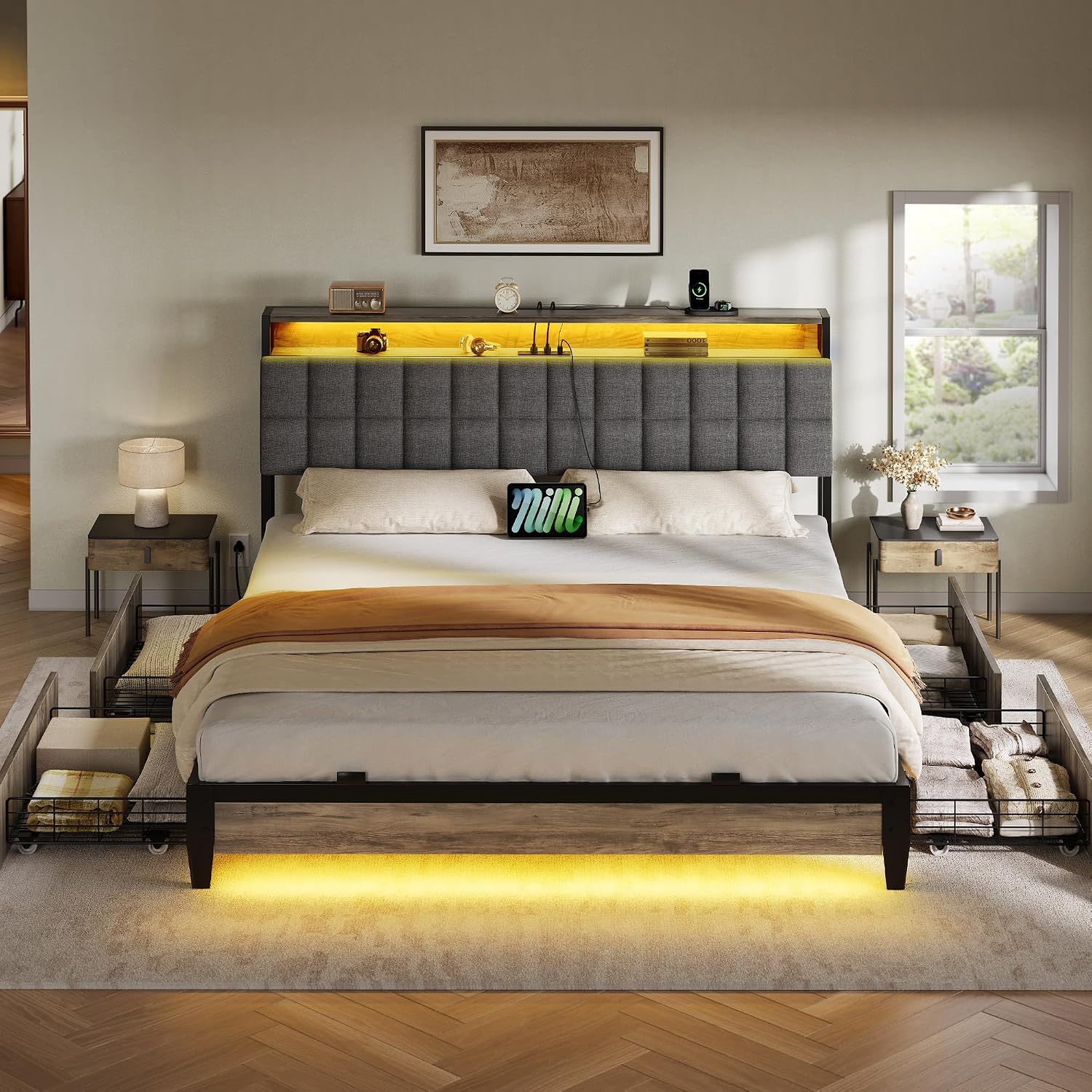 YITAHOME Full Size Bed Frame with RGB LED Lights and 4 Drawers, Upholstered Platform Bed with Charging Station and Storage Headboard, No Box Spring Needed, Noise-Free, Fast Assembly, Rustic Grey