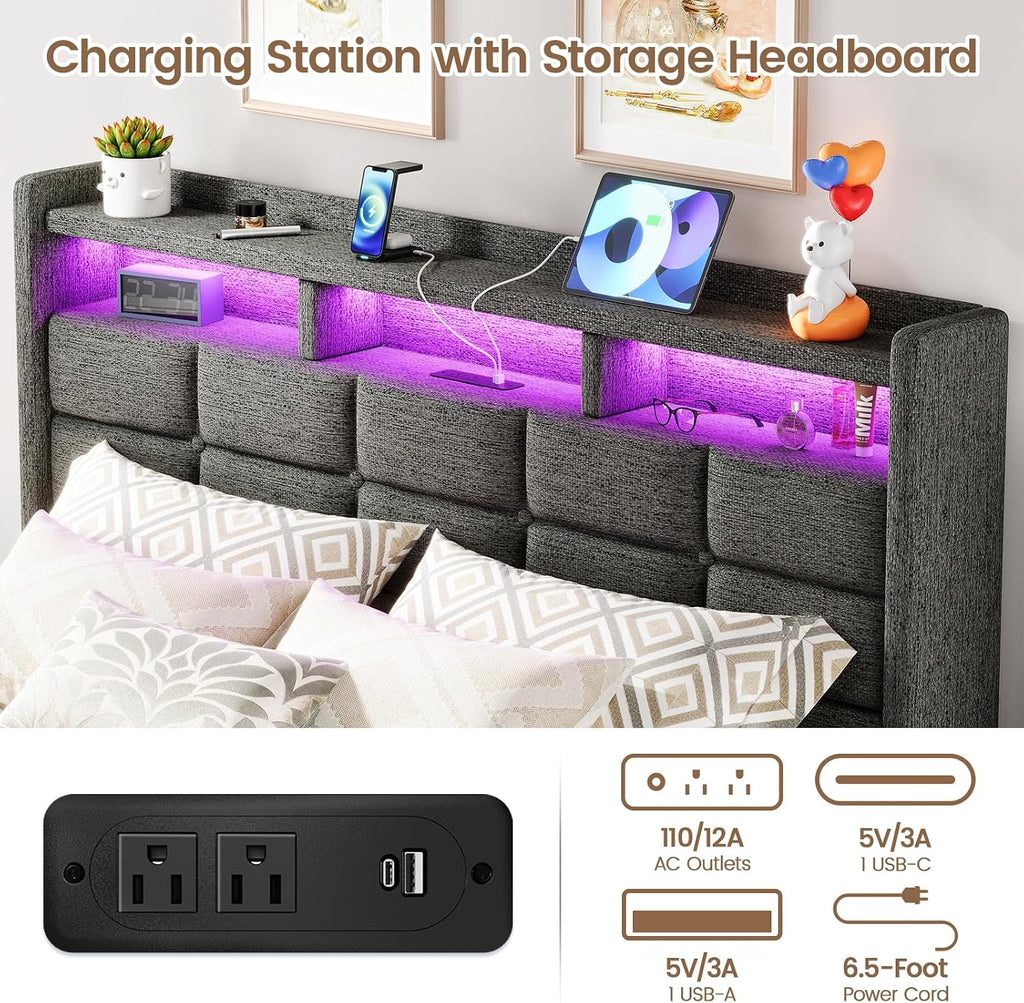 Driftalia Lift Up Full Size Bed Frame with Storage, Upholstered Full Bed Frame with LED Lights Headboard and Charging Station, No Box Spring Needed, Easy Assembly - Dark Grey