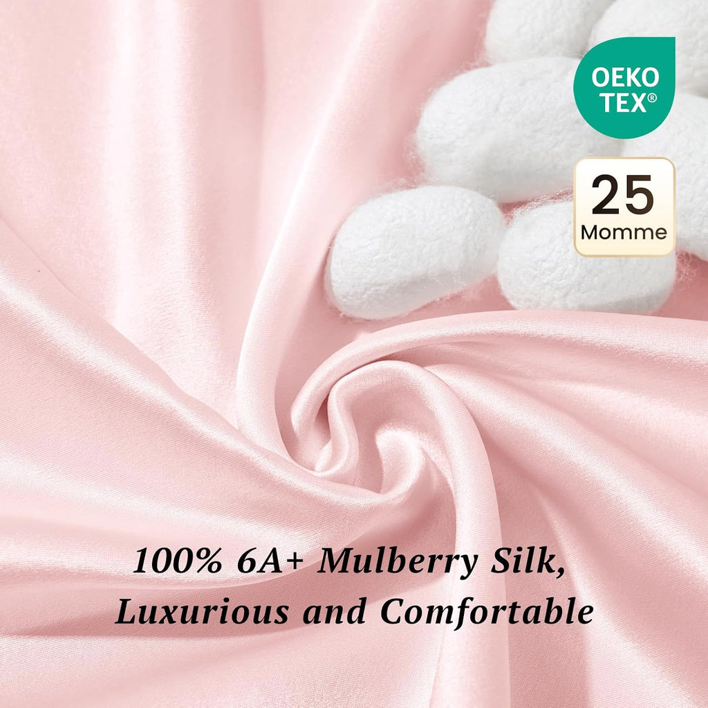 THXSILK Silk Sheet Set 4 Pcs, 25 Momme 100% Top Grade Pure Mulberry Silk Bed Sheets Luxury Bedding Sets Ultra Soft Durable, 1 Fitted Sheet, 1 Flat Sheet and 2 Pillow Shams (Cal. King, Charming Pink)