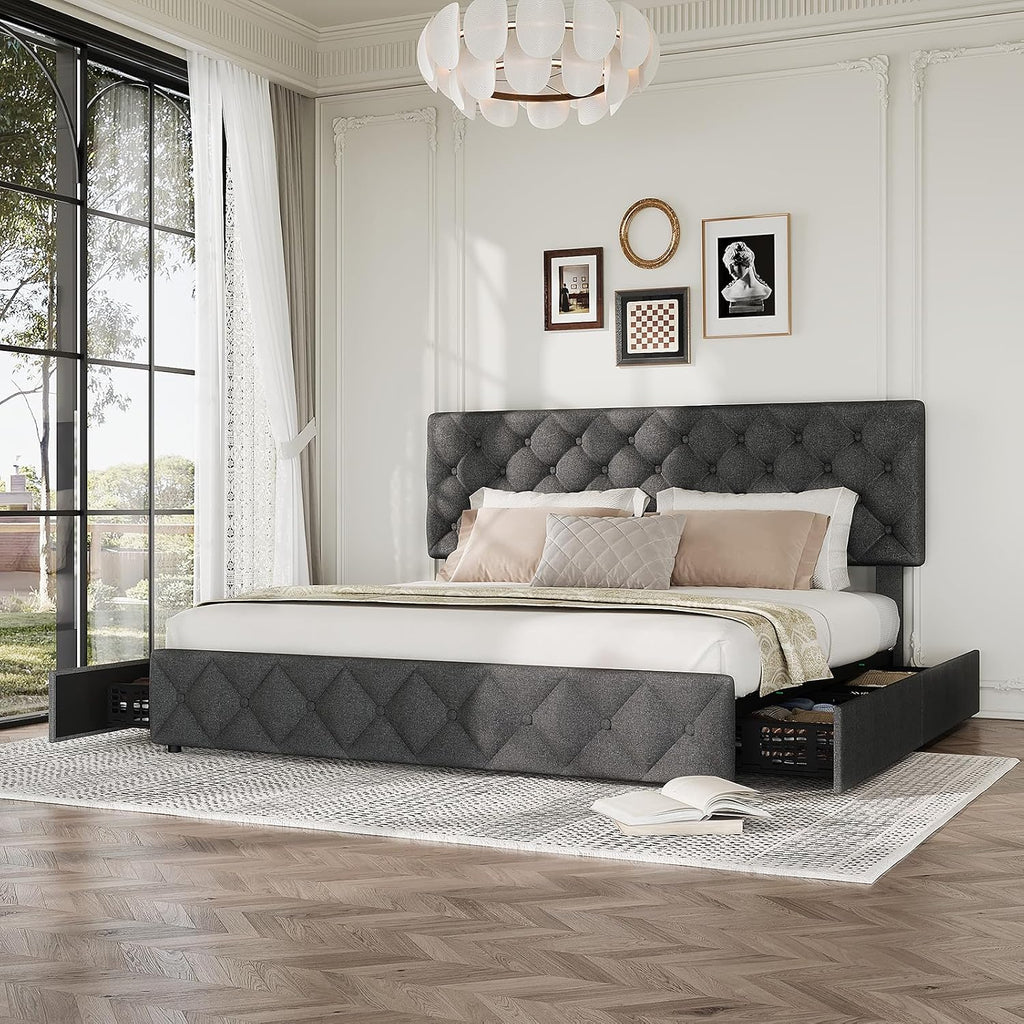 Full Size Bed Frame with 4 Storage Drawers & Headboard, Linen Upholstered Platform Bed Frame, Stylish Diamond Tufted Design, No Box Spring Needed | Grey