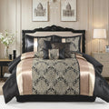 CozyDH Black Gold Jacquard Comforter Set - 7 Piece Queen Luxury Damask Floral Patchwork, All Season Down Alternative Silky Bedding Bed in a Bag with Bed Skirt, Shams, Decorative Pillows, 90x90 in