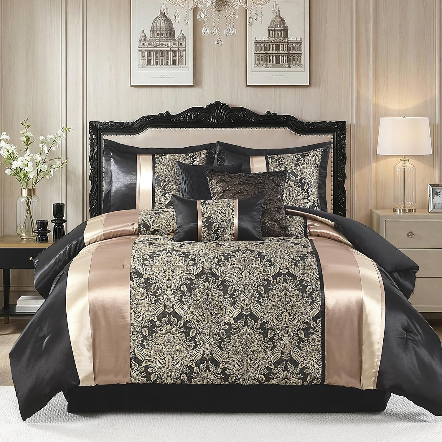 CozyDH Black Gold Jacquard Comforter Set - 7 Piece Queen Luxury Damask Floral Patchwork, All Season Down Alternative Silky Bedding Bed in a Bag with Bed Skirt, Shams, Decorative Pillows, 90x90 in