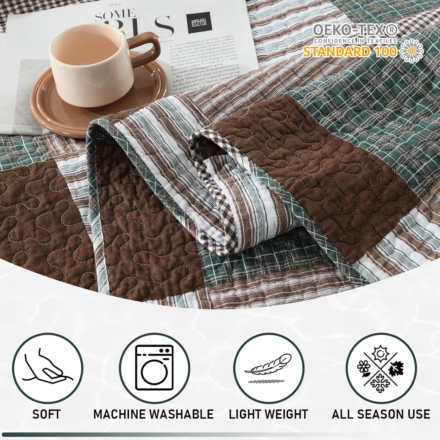 KALOOLA Plaid King Size Quilt Set, 100% Cotton Lightweight Quilted Bedspread with 2 Pillowshams for King Bed, Farmhouse Printed Bedding Set Coverlet for All Season, 3Pcs, Brown/Green
