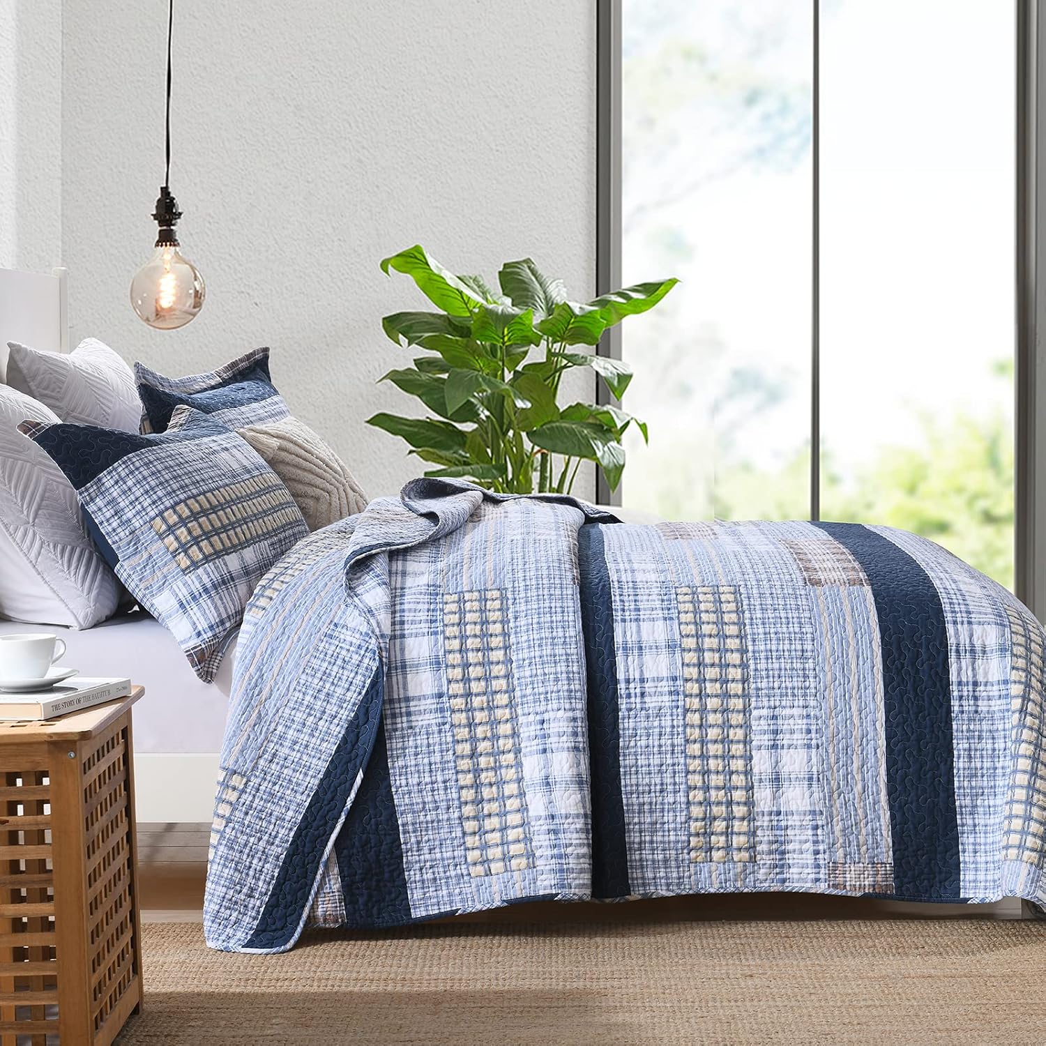 Finlonte Quilt King Size 100% Cotton King Size Quilts Blue Beige White Bedspreads Plaid Quilts Lightweight Soft Breathable Bedding Sets for All Season, 3 Piece