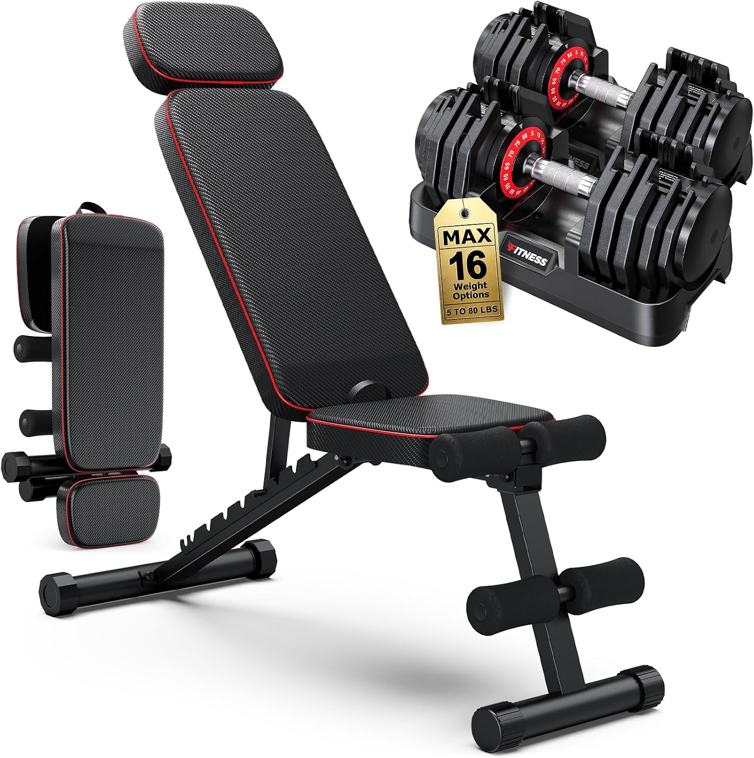 Adjustable Dumbbells Set of 2, 1 Hand Adjustable Weights Dumbbell Set and Workout Bench, 25/55/80lb Pair Weight Set For Home Gym Suit both Men and Women, Compact for Small Space Apartment Room