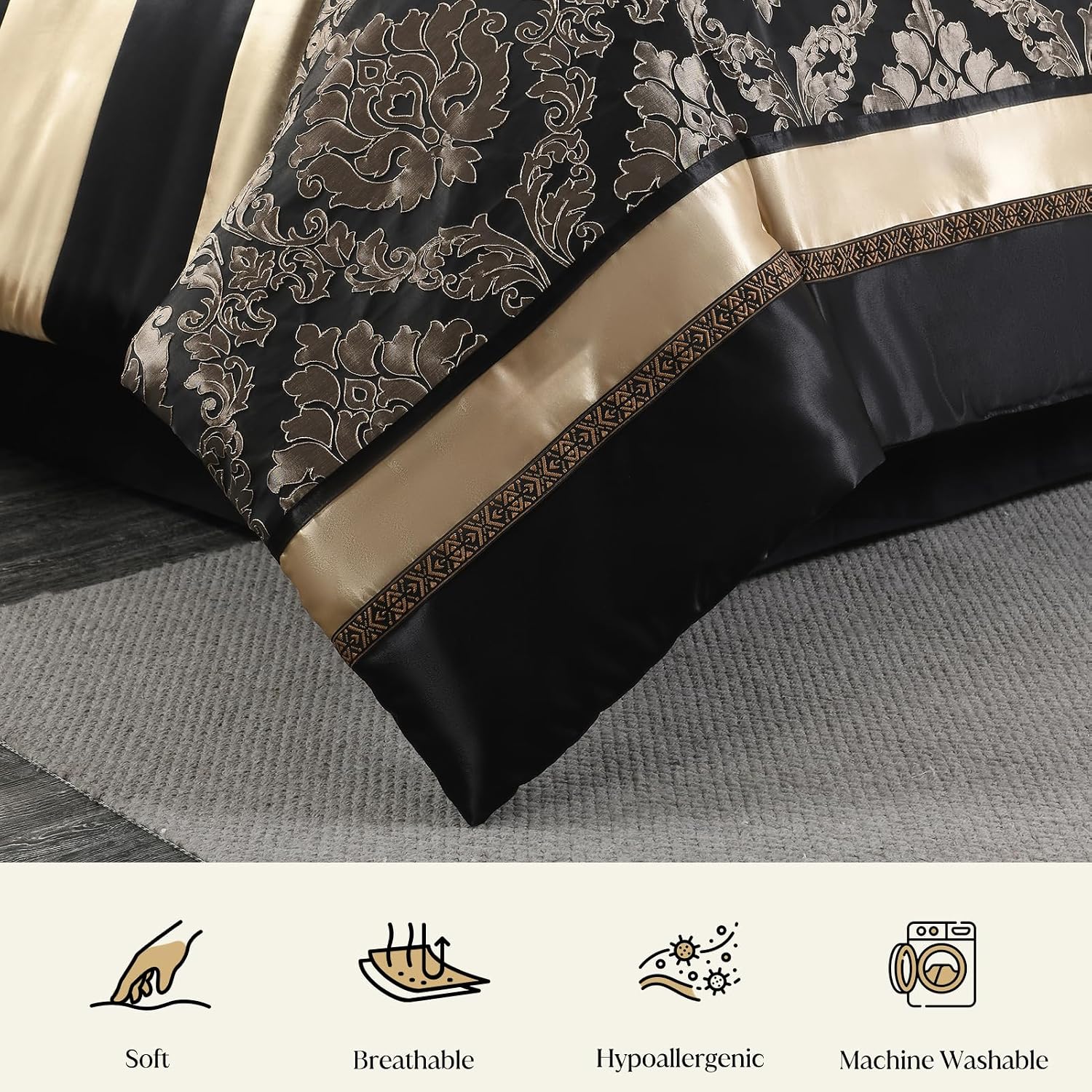 CozyDH Black and Gold Jacquard Comforter Set Queen - 7 Piece Luxury Damask Medallion Patchwork Bed in a Bag, All Season Down Alternative Bedding with Bed Skirt, Shams, Decorative Pillows, 90x90 in