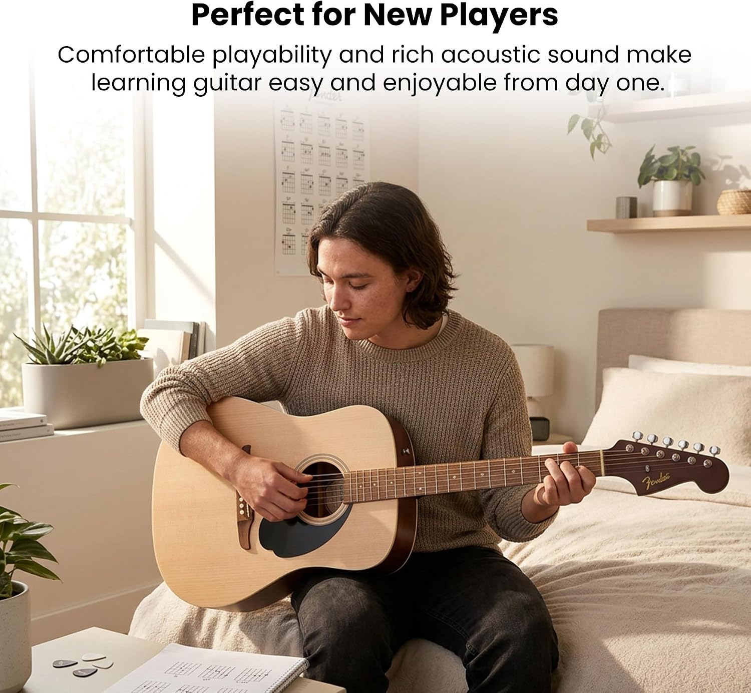 Fender Dreadnought Acoustic Guitar - Natural Bundle with Gig Bag, Tuner, Strings, Picks, and Austin Bazaar Instructional DVD