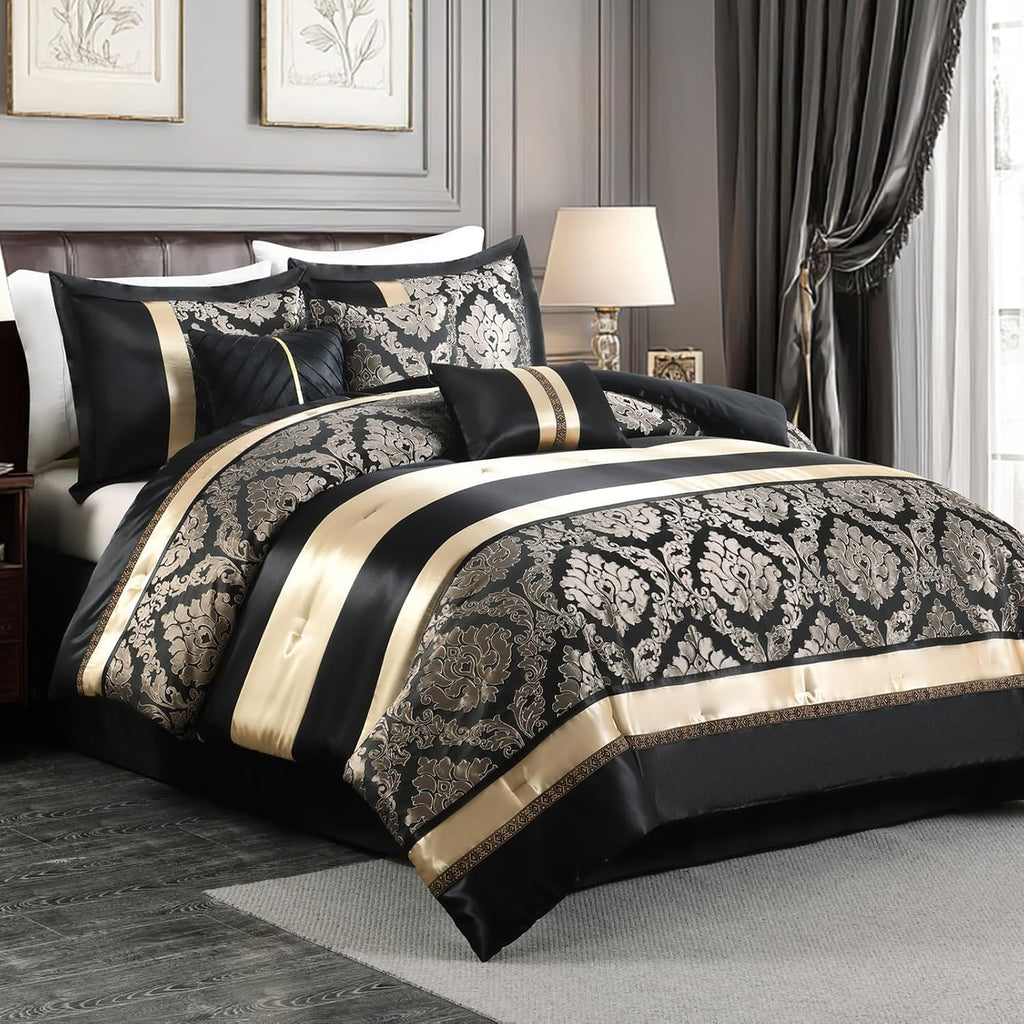 CozyDH Black and Gold Jacquard Comforter Set Queen - 7 Piece Luxury Damask Medallion Patchwork Bed in a Bag, All Season Down Alternative Bedding with Bed Skirt, Shams, Decorative Pillows, 90x90 in