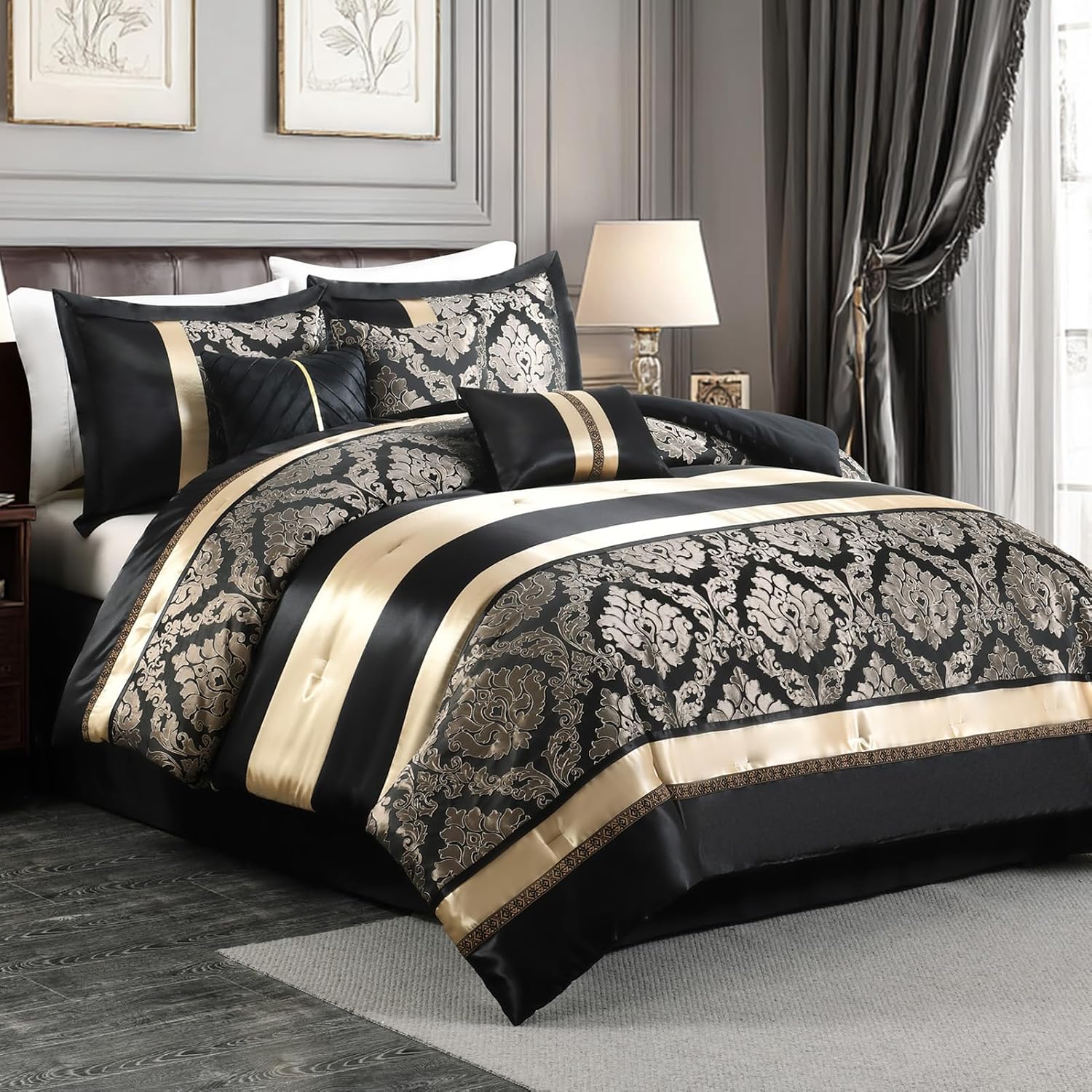 CozyDH Black and Gold Jacquard Comforter Set Queen - 7 Piece Luxury Damask Medallion Patchwork Bed in a Bag, All Season Down Alternative Bedding with Bed Skirt, Shams, Decorative Pillows, 90x90 in